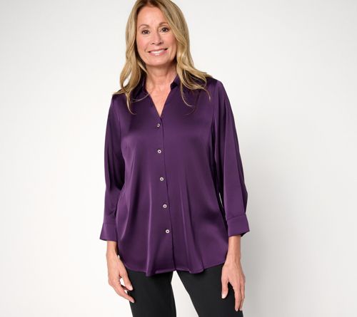Stretch Satin Button Front Long Sleeve Blouse