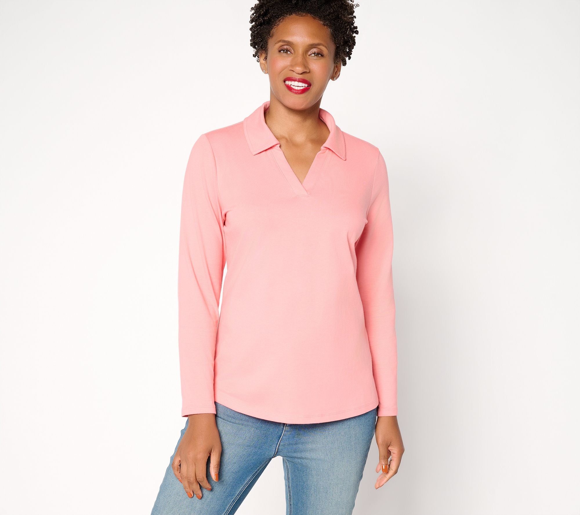 Essentials Perfect Jersey Collared Long Sleeve Top - Soft Coral