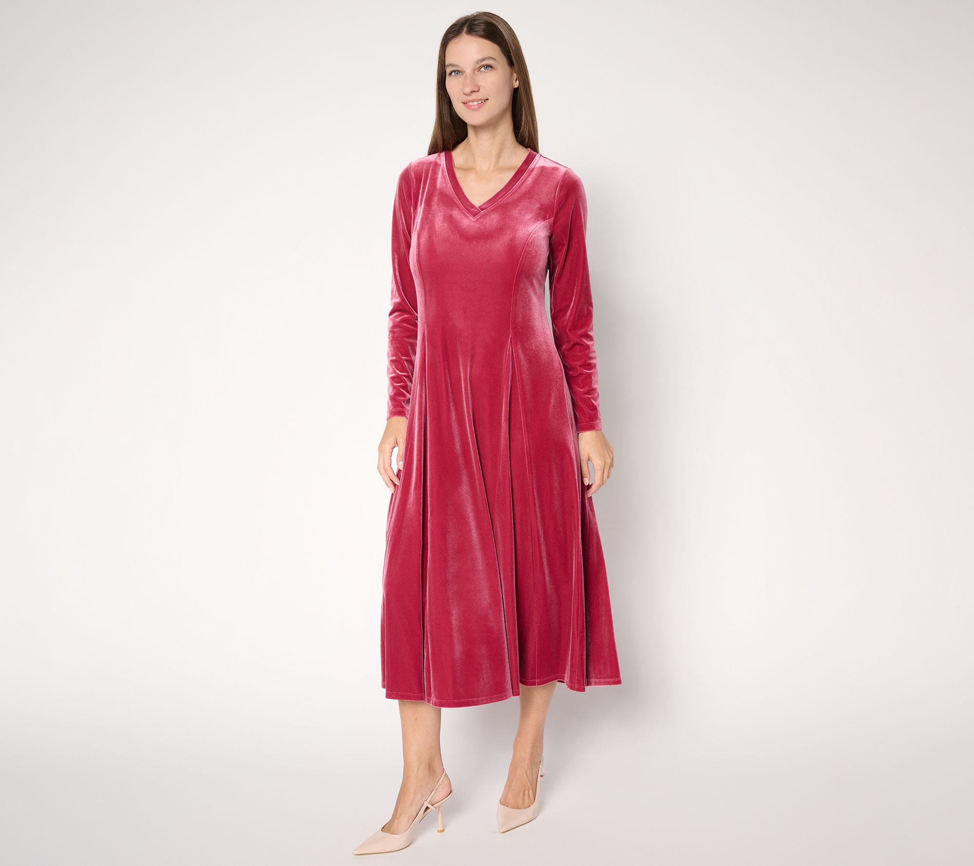 Velvet Godet V-Neck Midi Dress - Mulled Wine