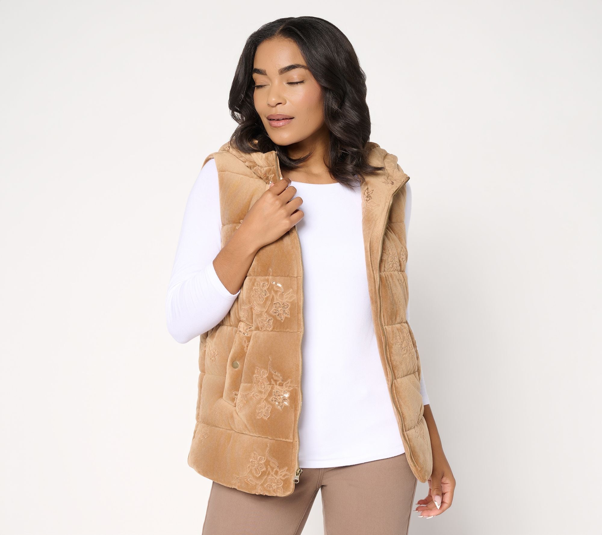 Velvet Puffer Vest with Sequins - Camel