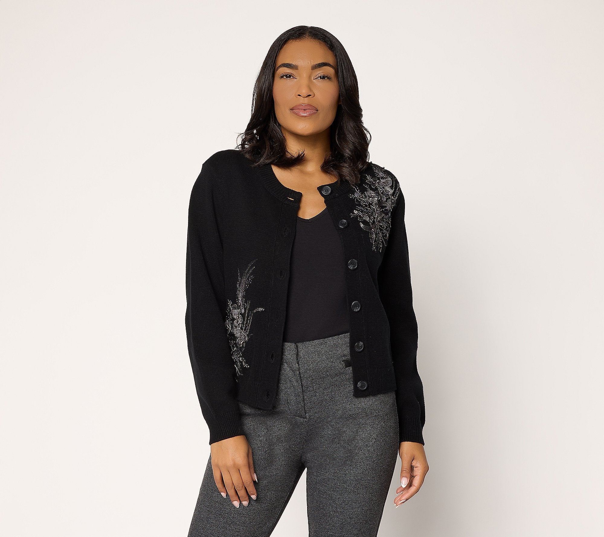 Sweater with Sequin and Faux Pearl Embellishment - Black