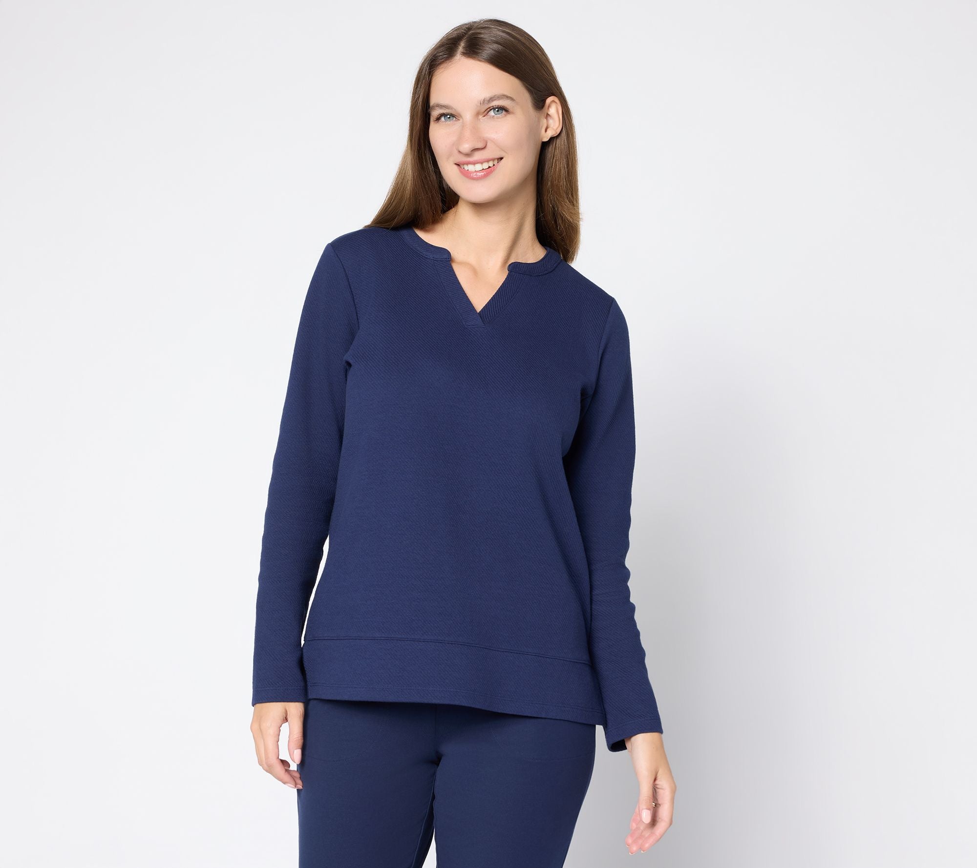 Texture Terry Long Sleeve Split Neck Top - Navy