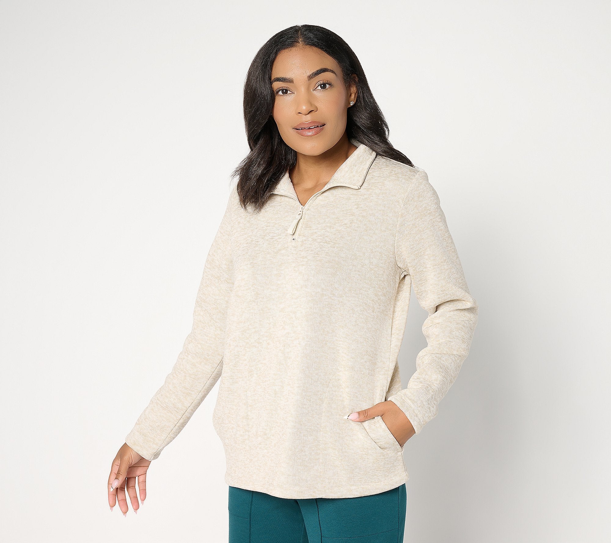 Active Heathered Sweater Fleece Top w/ Half Zip