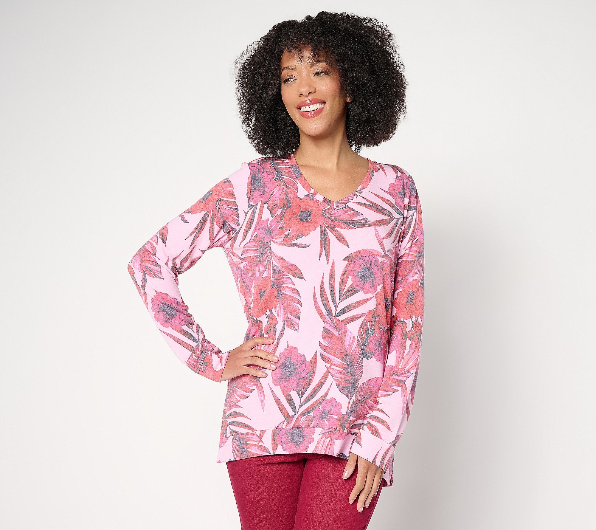 Soft Blend Knit Printed Long Sleeve V-Neck Top