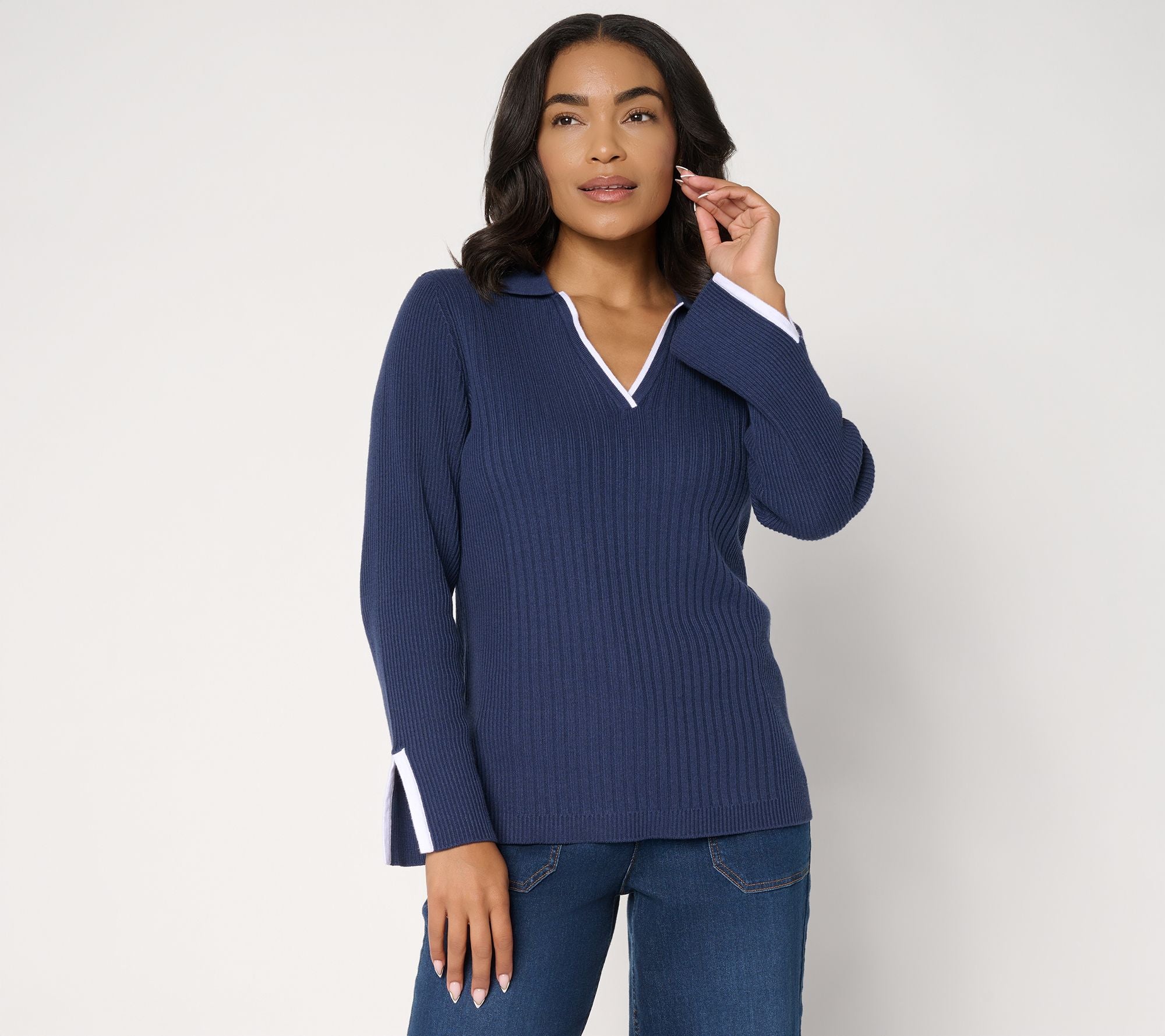Novelty Pull Over Sweater with Tipping - Navy/White