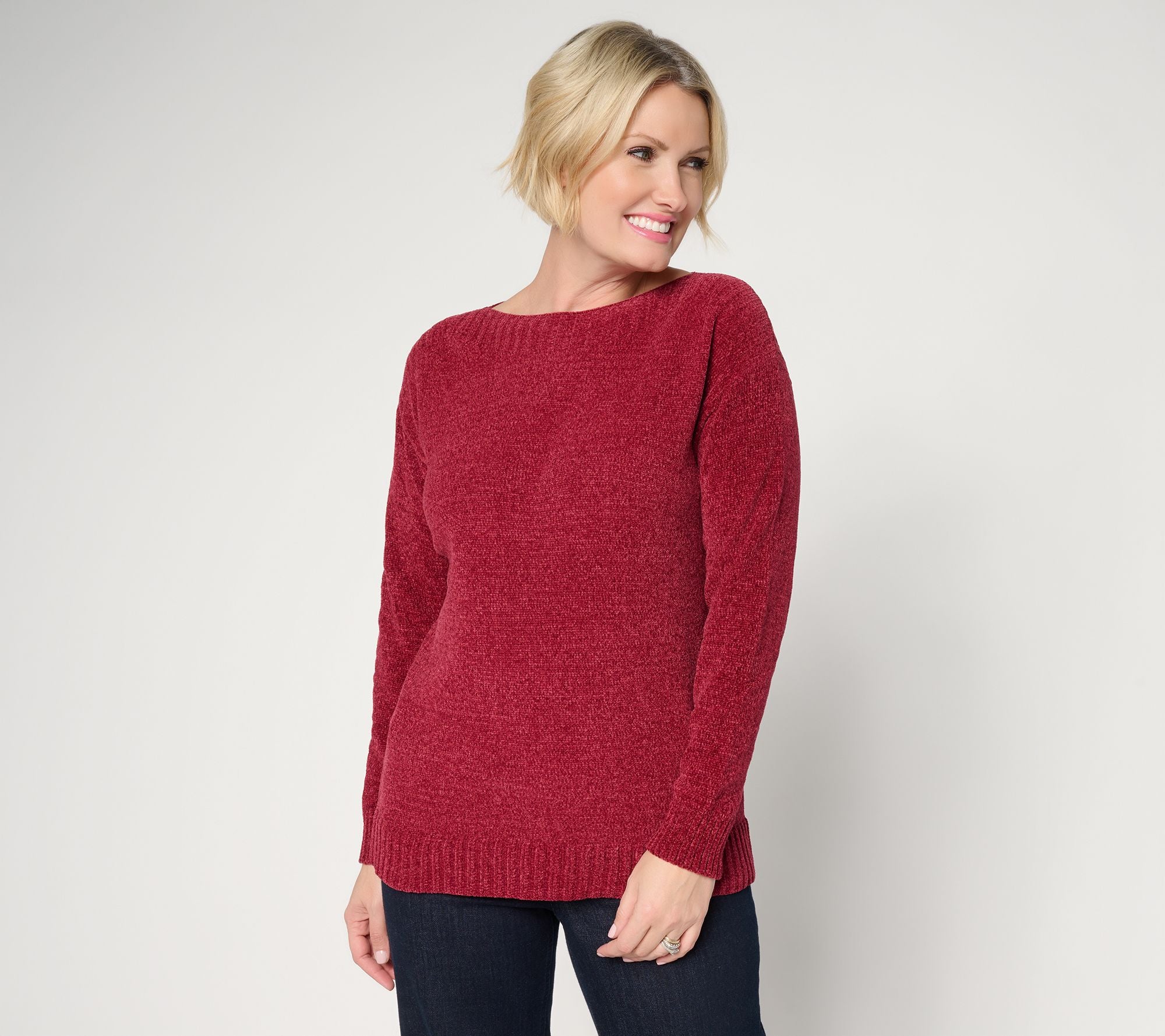 Chenille Boat Neck Long Sleeve Sweater - Cranberry