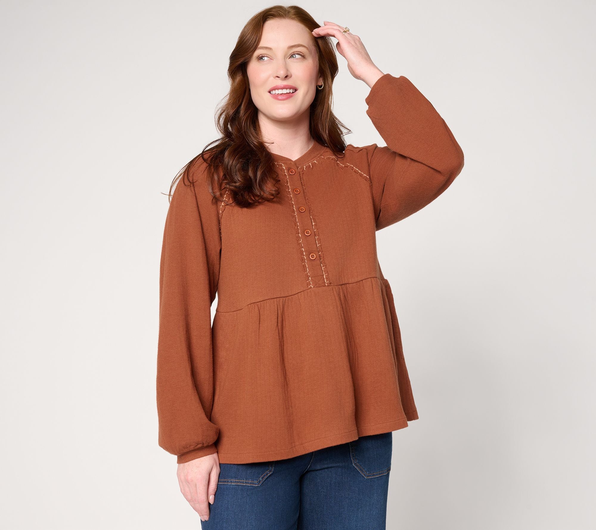 100% Cotton Knit Blouse with Peplum - Cognac