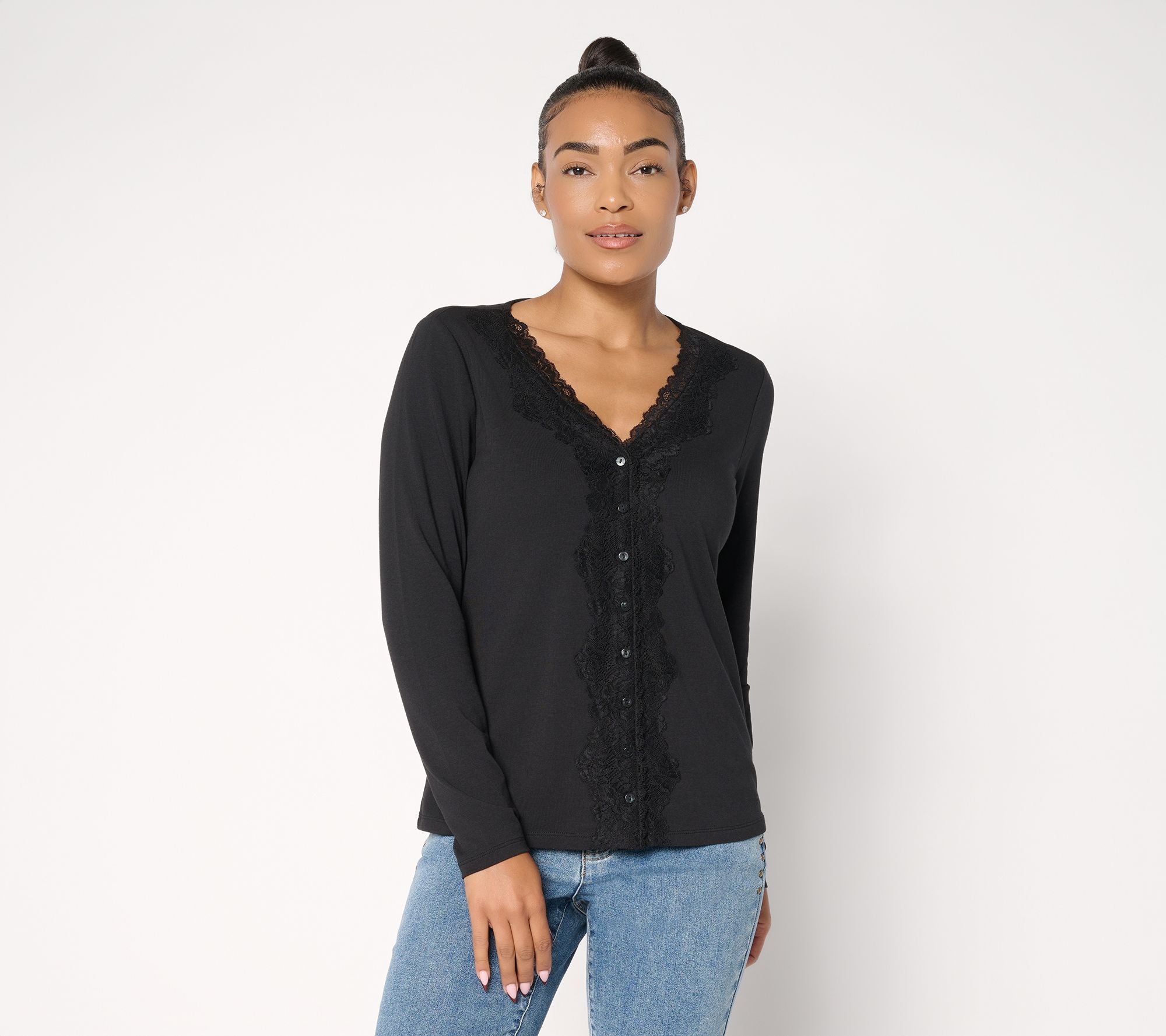 Astor Long-Sleeve Lace Detail Top - Black