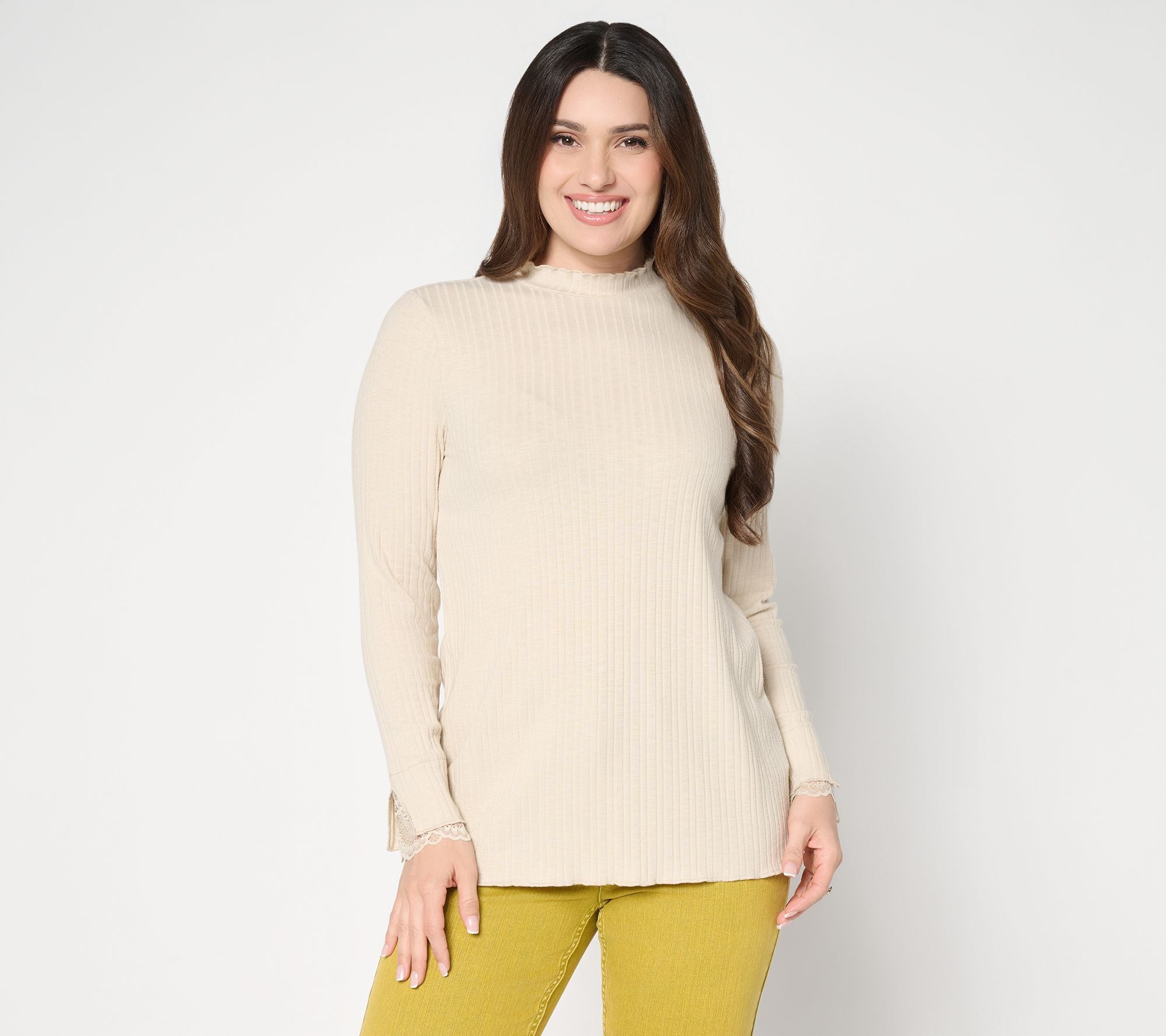 LOGO Layers by Lori Goldstein Mock Neck Ribbed Top with Lace Trim - Oatmeal