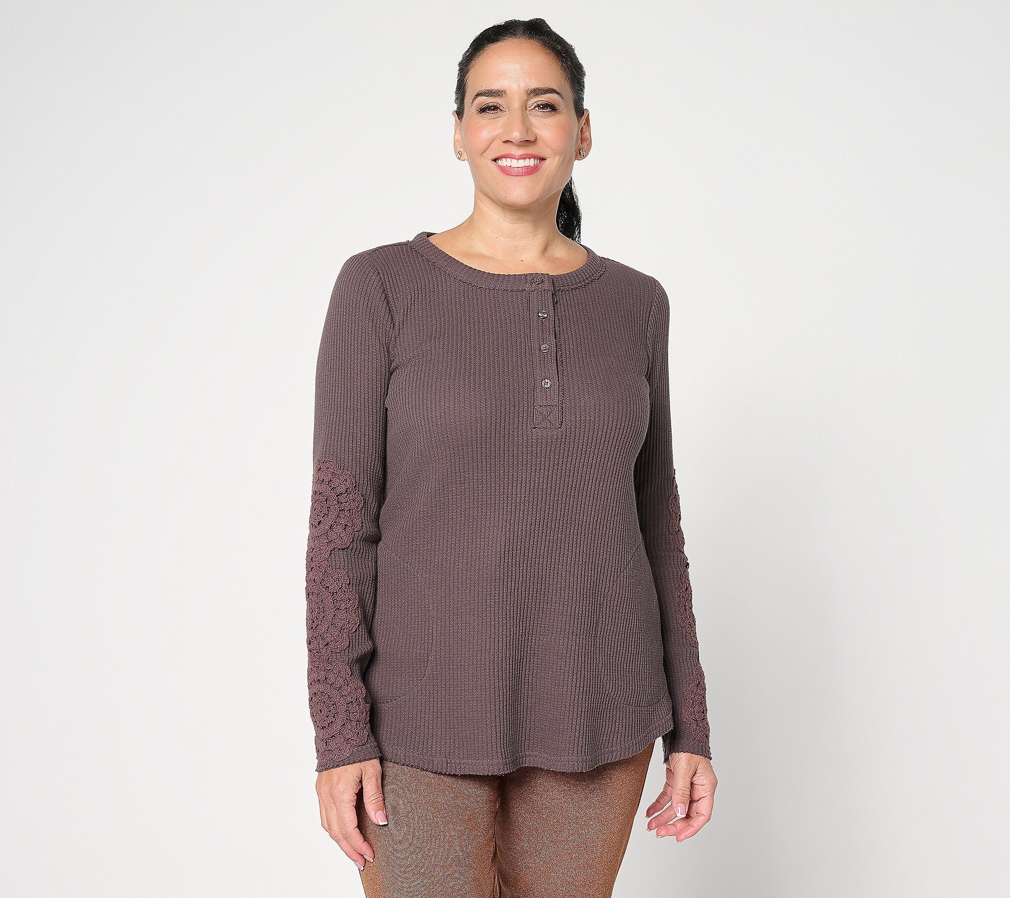 Lace Applique Long Sleeve Waffle Top - Raisin