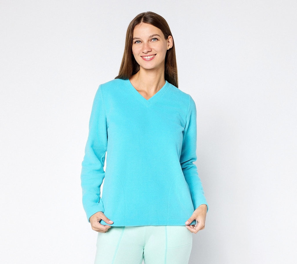 Chenille Fleece V-Neck Pullover with Pockets - Ocean Blue