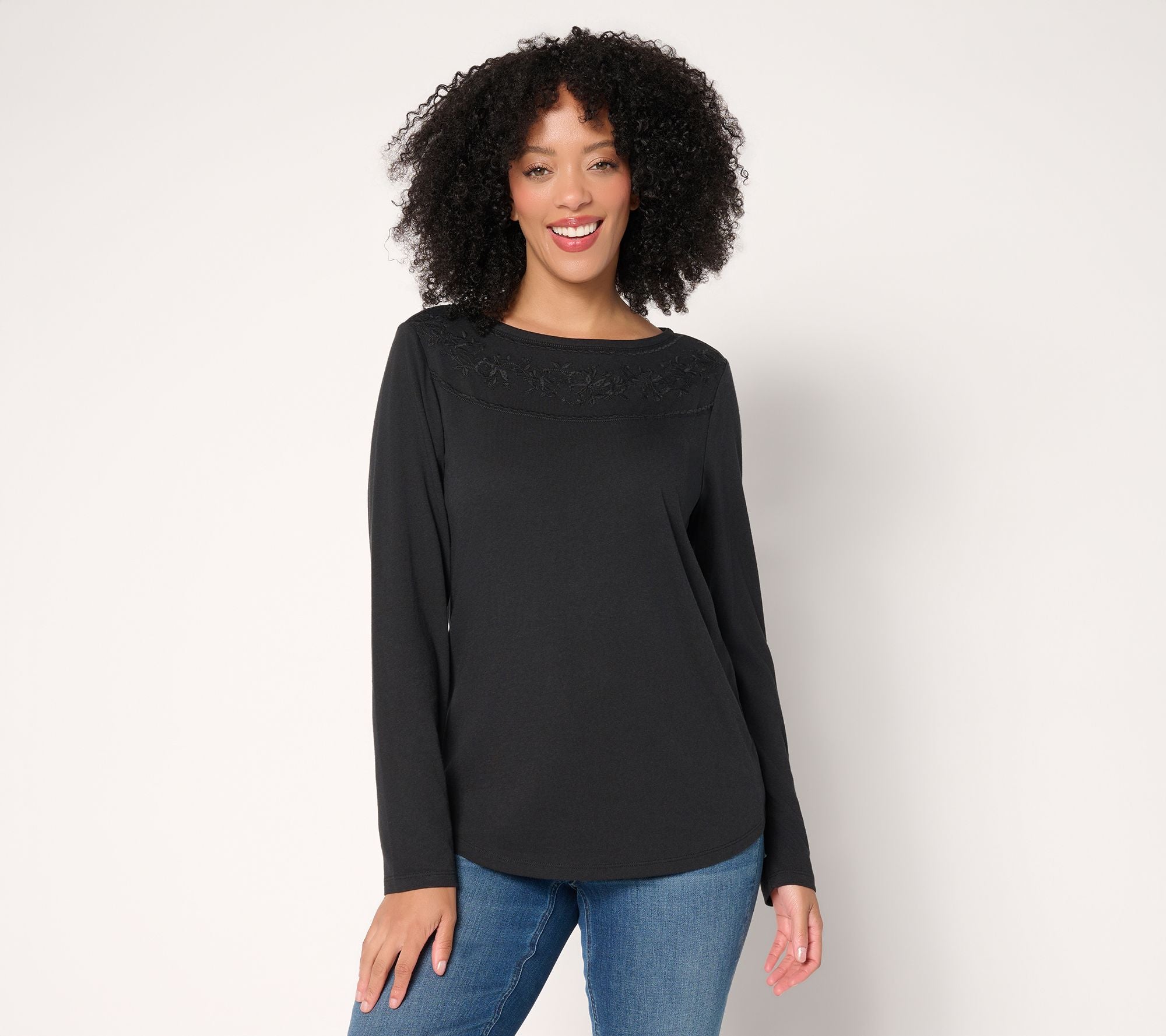 Drapey Cotton Blend Embroidered Boat Neck Top - Black