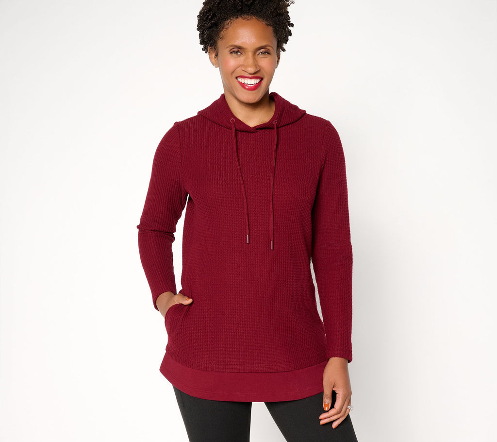 Active Waffle Knit Mixed Media Hooded Pullover - Wine