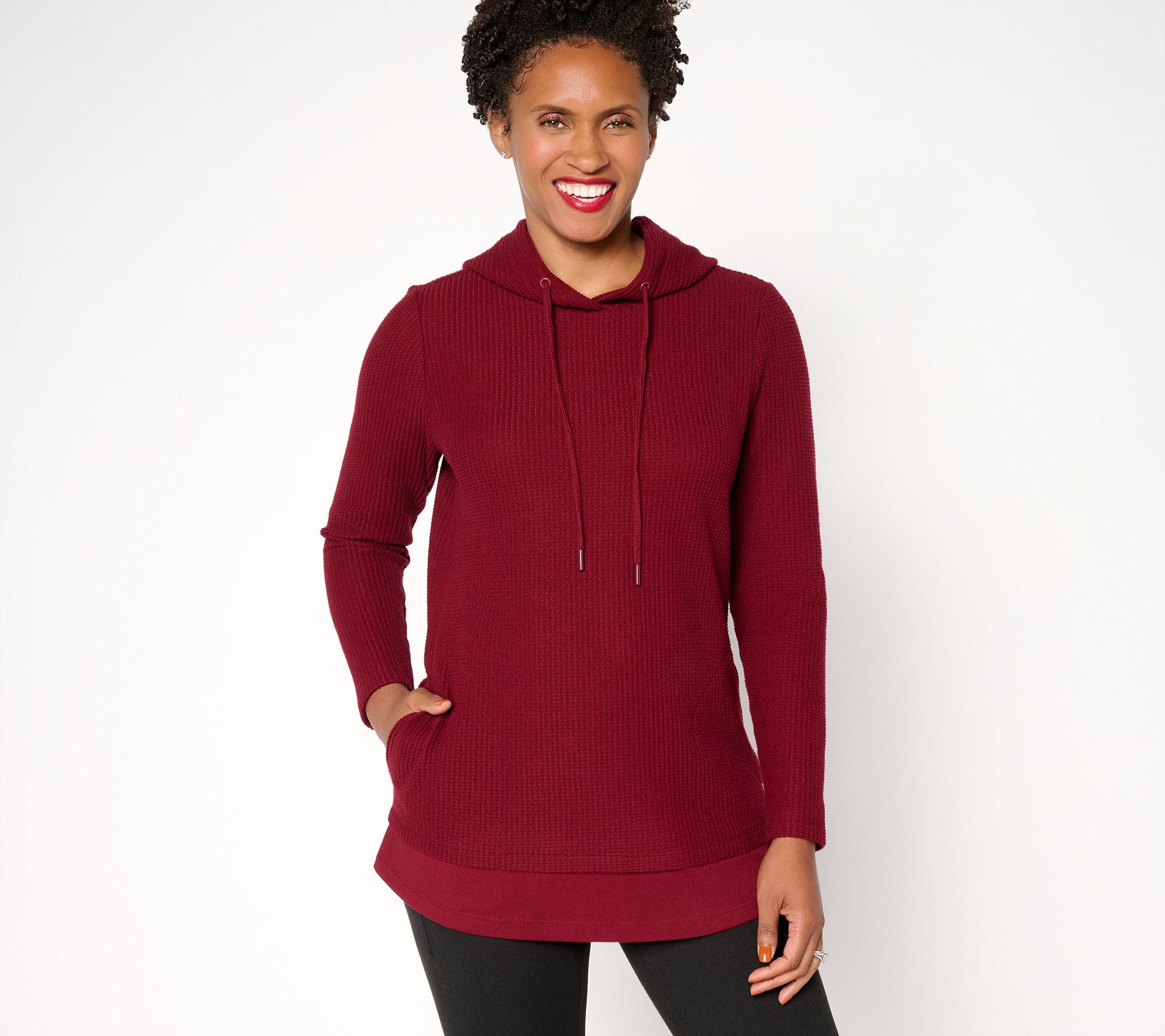Active Waffle Knit Mixed Media Hooded Pullover - Wine
