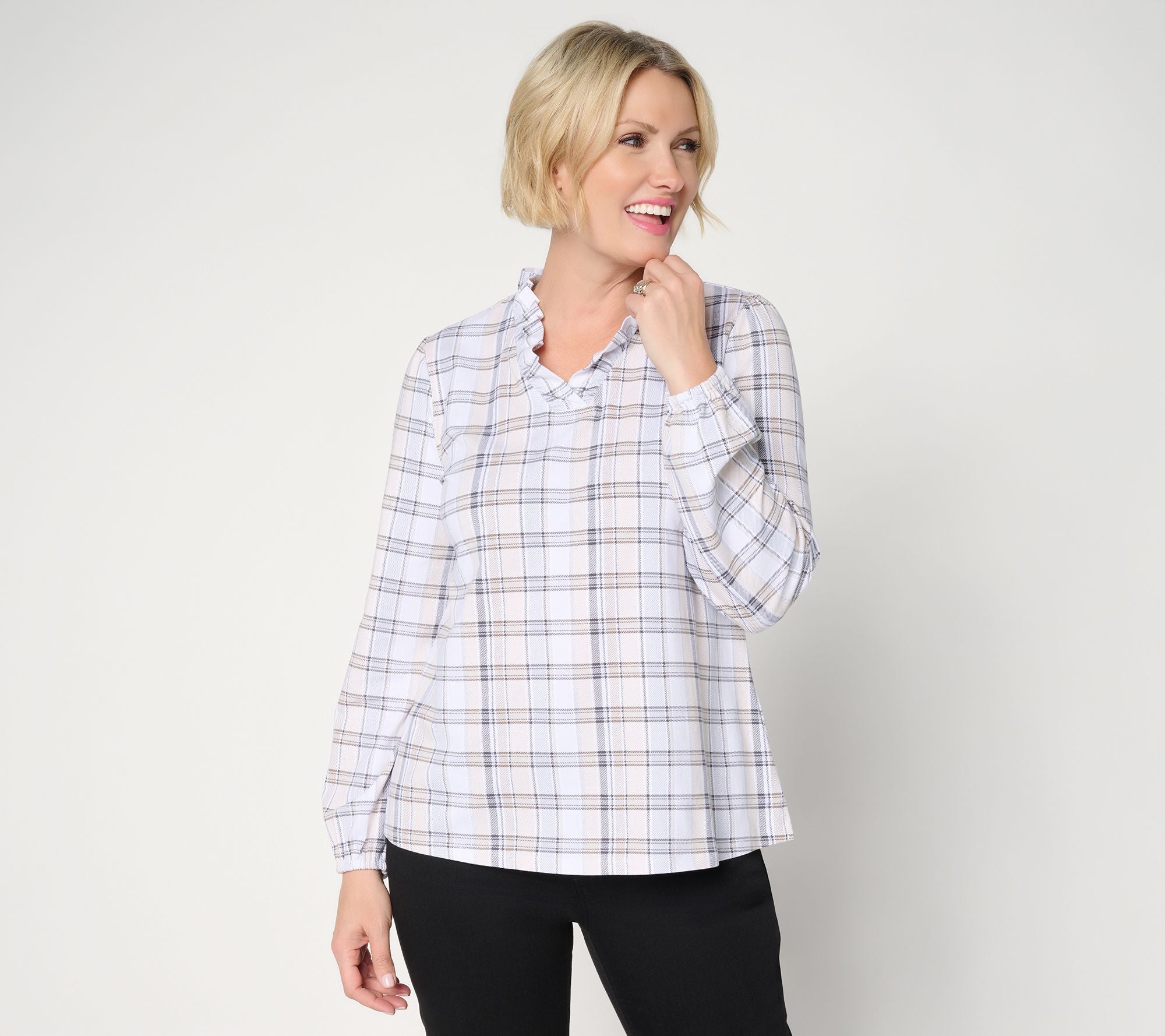 Plaid Favorite Jersey Ruffled V-Neck Top - Neutral