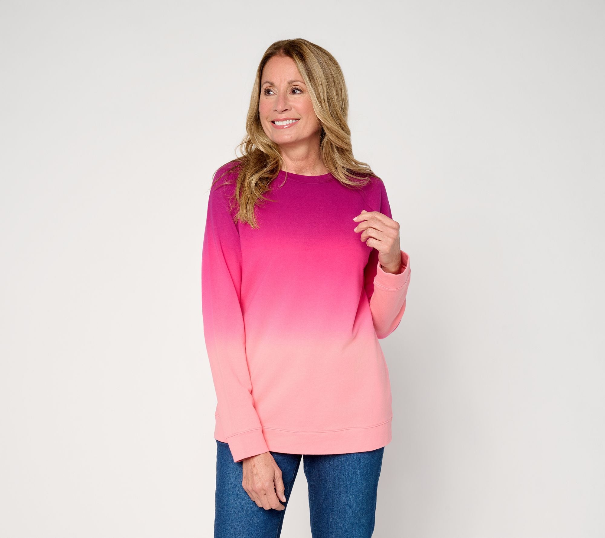 French Terry Dip Dye Crew Neck Raglan Top - Berry