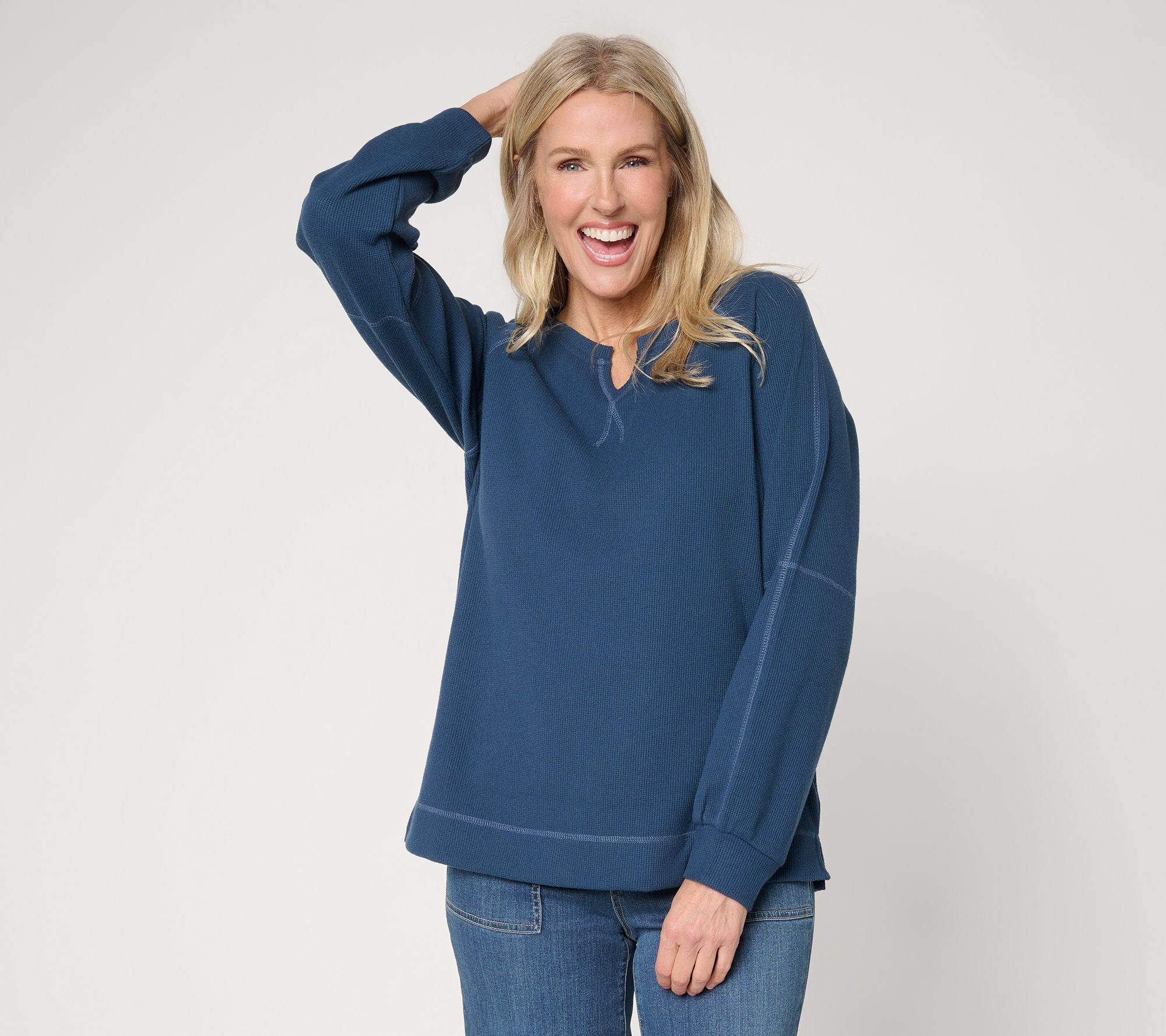 Delicious Waffle Split Neck Top - Indigo