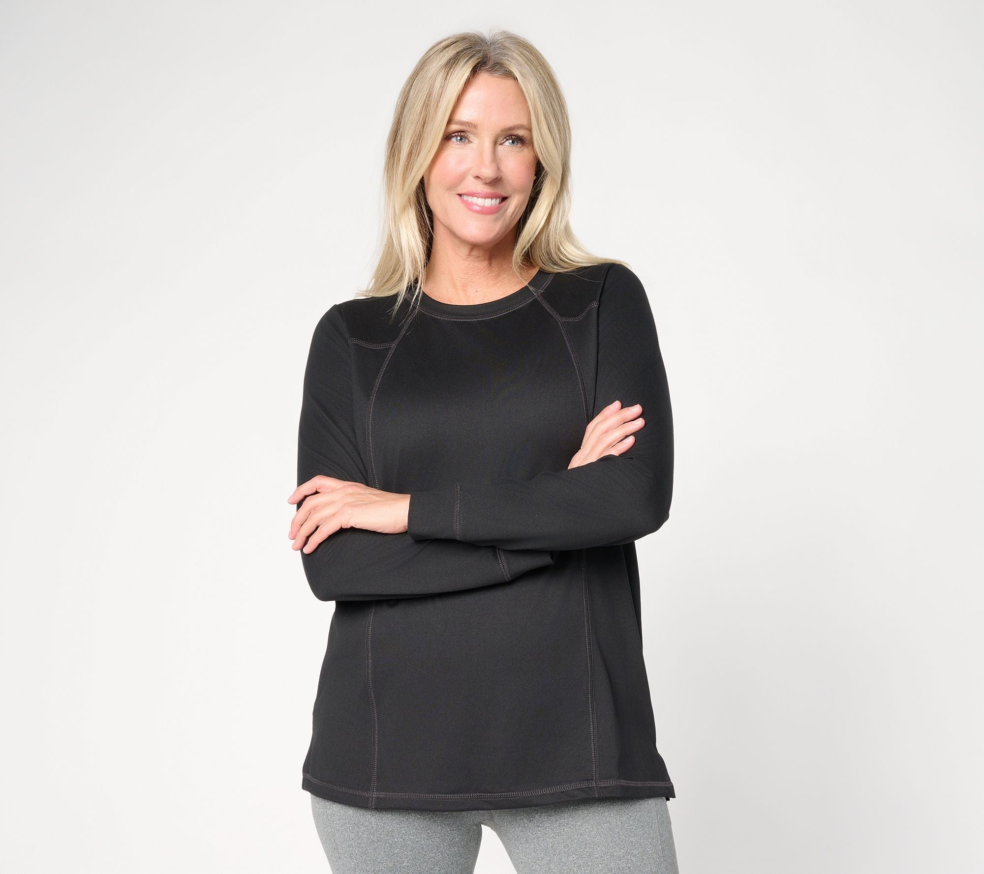 Belle Body by Kim Gravel Athletic Jersey Long Sleeve Topstitch Top - Black