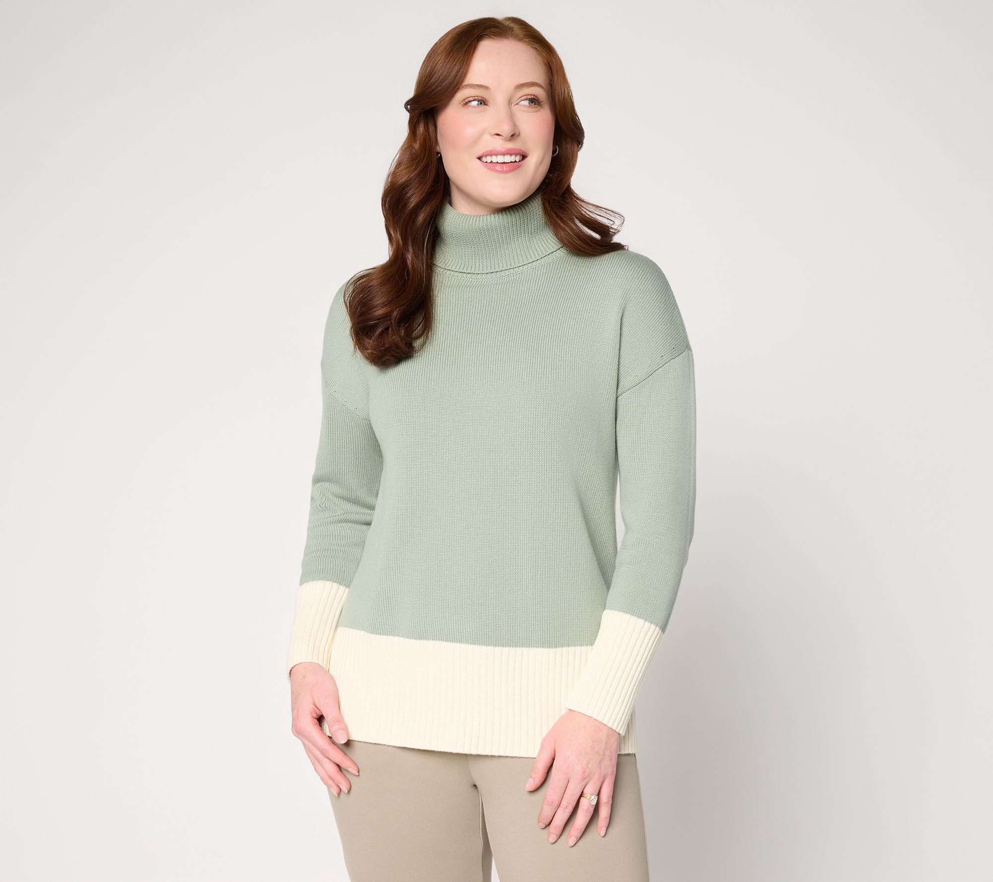 Mixed Knit Color Block Turtleneck - Lily Pad Green