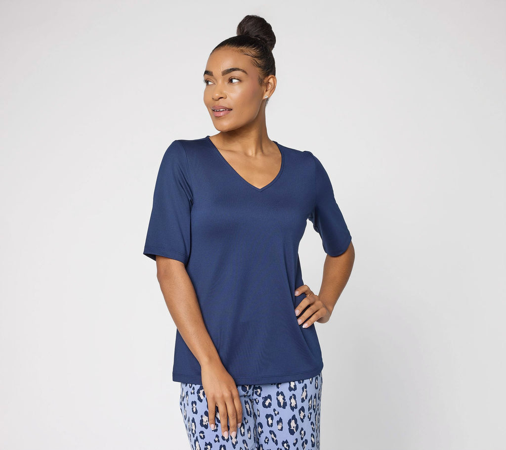 Essentials Butterknit V-Neck Top with Elbow Sleeves - Navy
