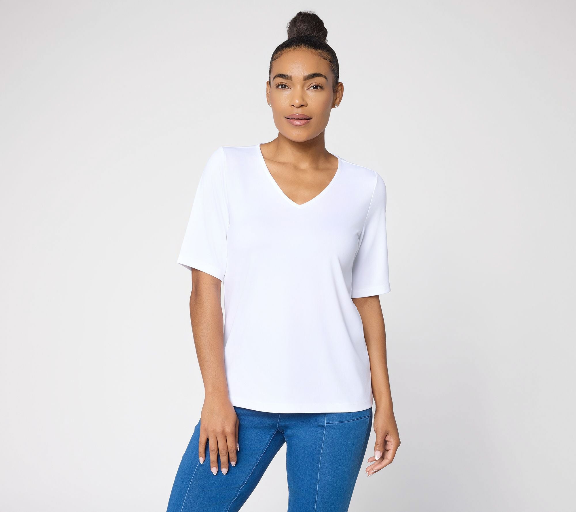 Essentials Butterknit V-Neck Top with Elbow Sleeves - White