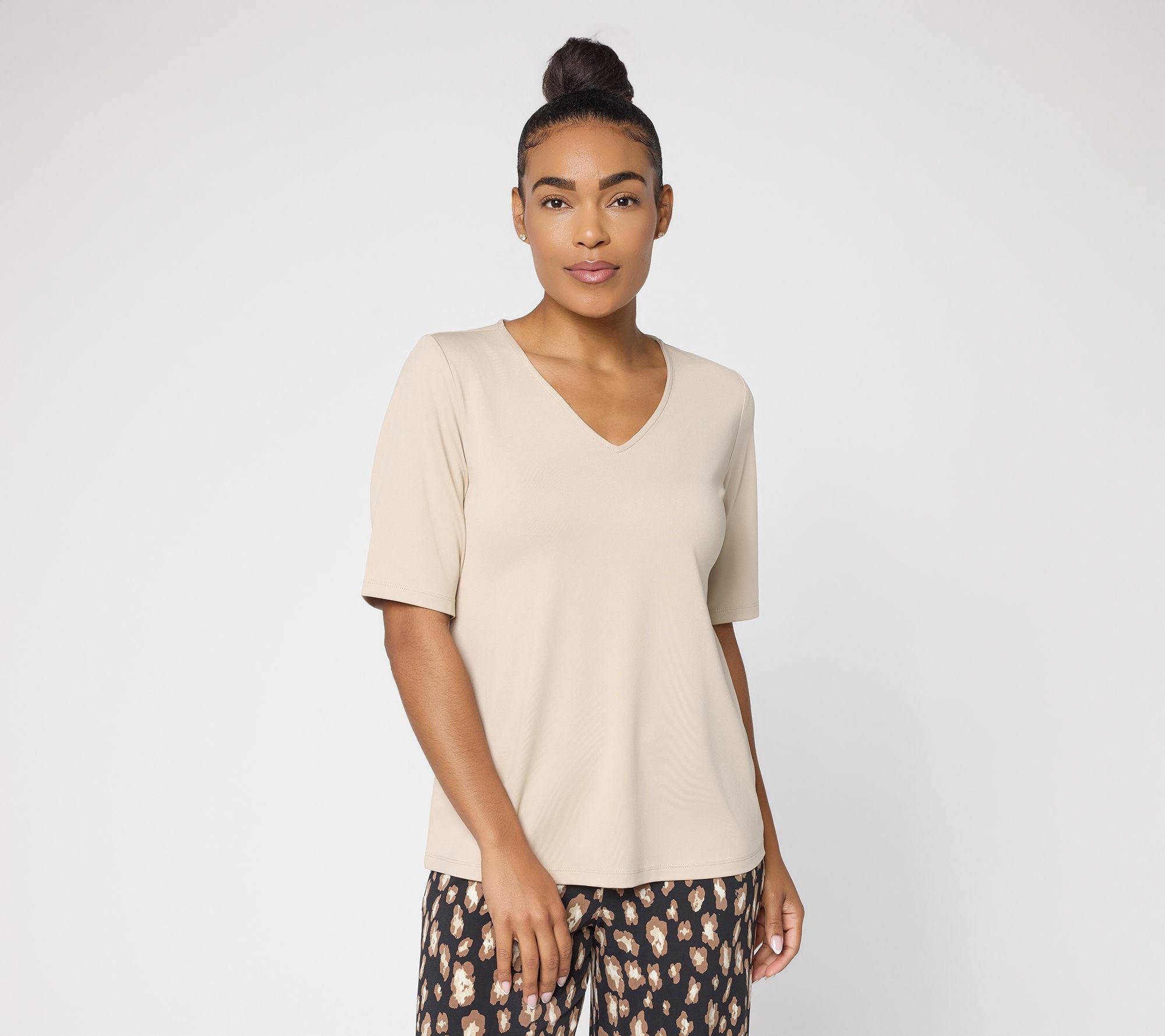 Essentials Butterknit V-Neck Top with Elbow Sleeves - Wheat