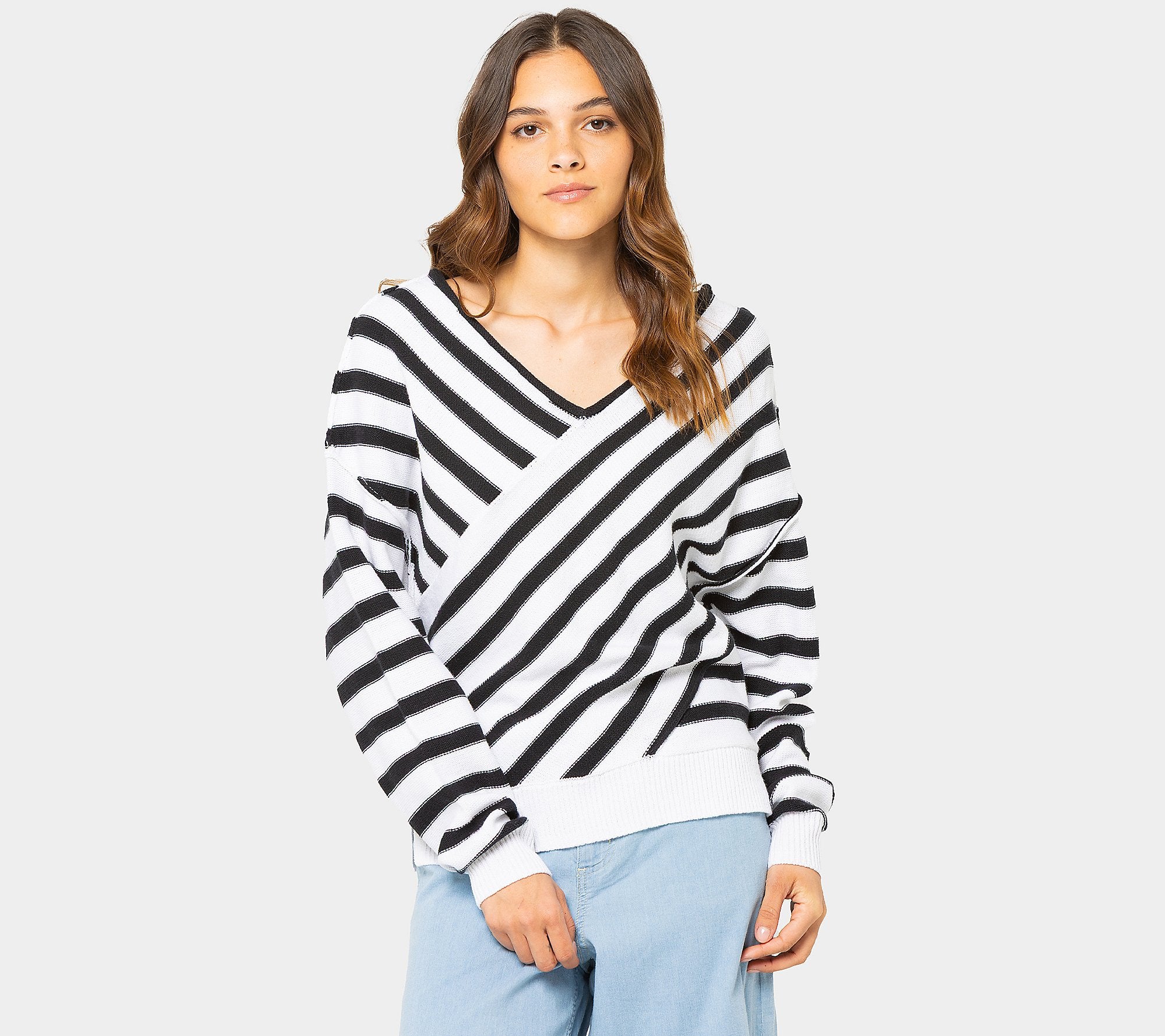 Overlap Stripe V-Neck Sweater