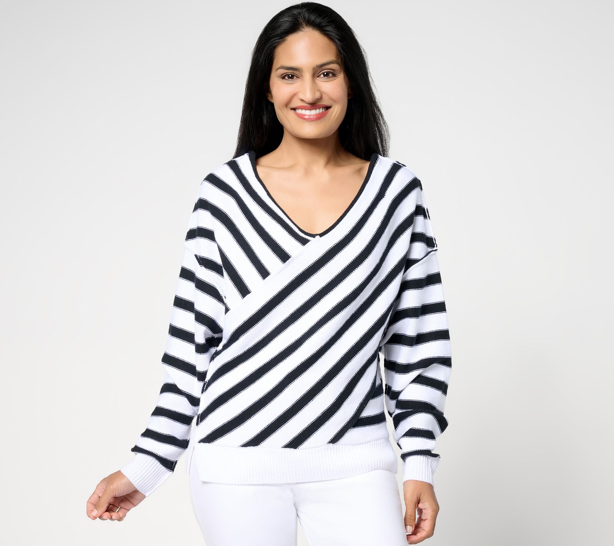 Peace Love World Overlap Stripe V-Neck Sweater - Black