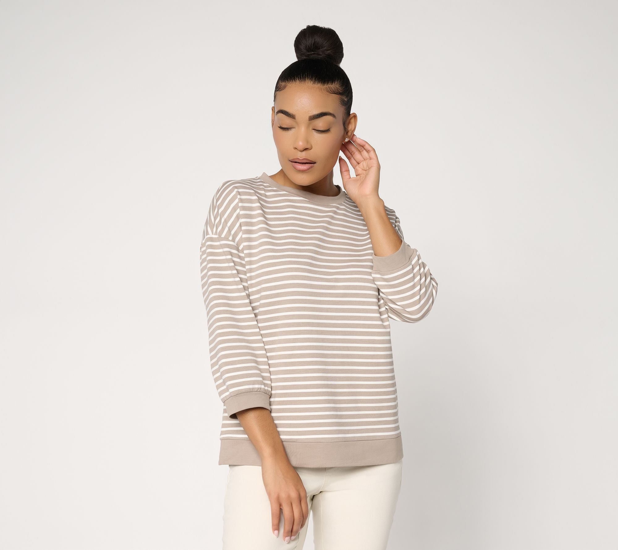 French Terry Sailor Striped Blouson Top - Vintage Khaki