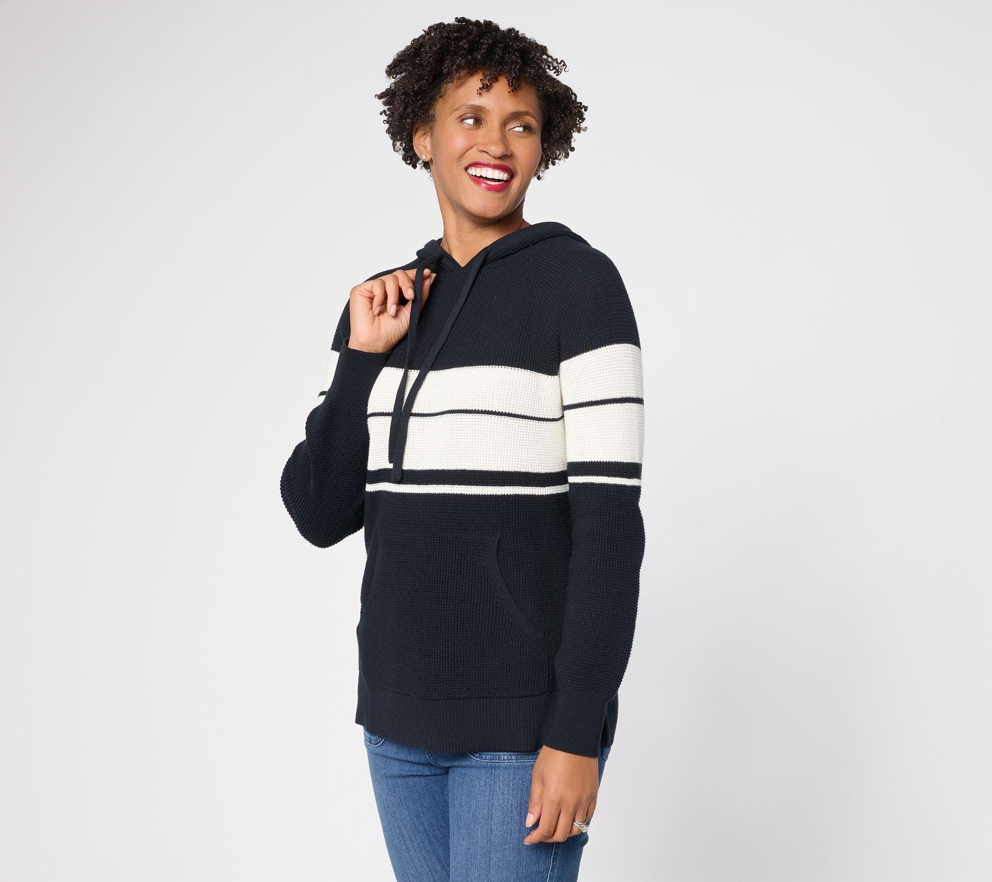 Coastal Stripe Waffle Stitch Sweater - Black