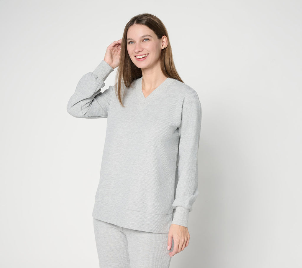 Wonder Waffle Deep V Neck Slouchy Top - Heather Grey