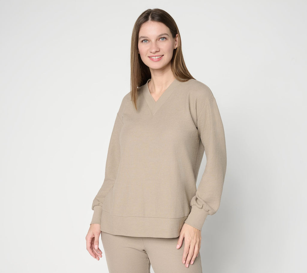 Wonder Waffle Deep V Neck Slouchy Top - Vintage Khaki