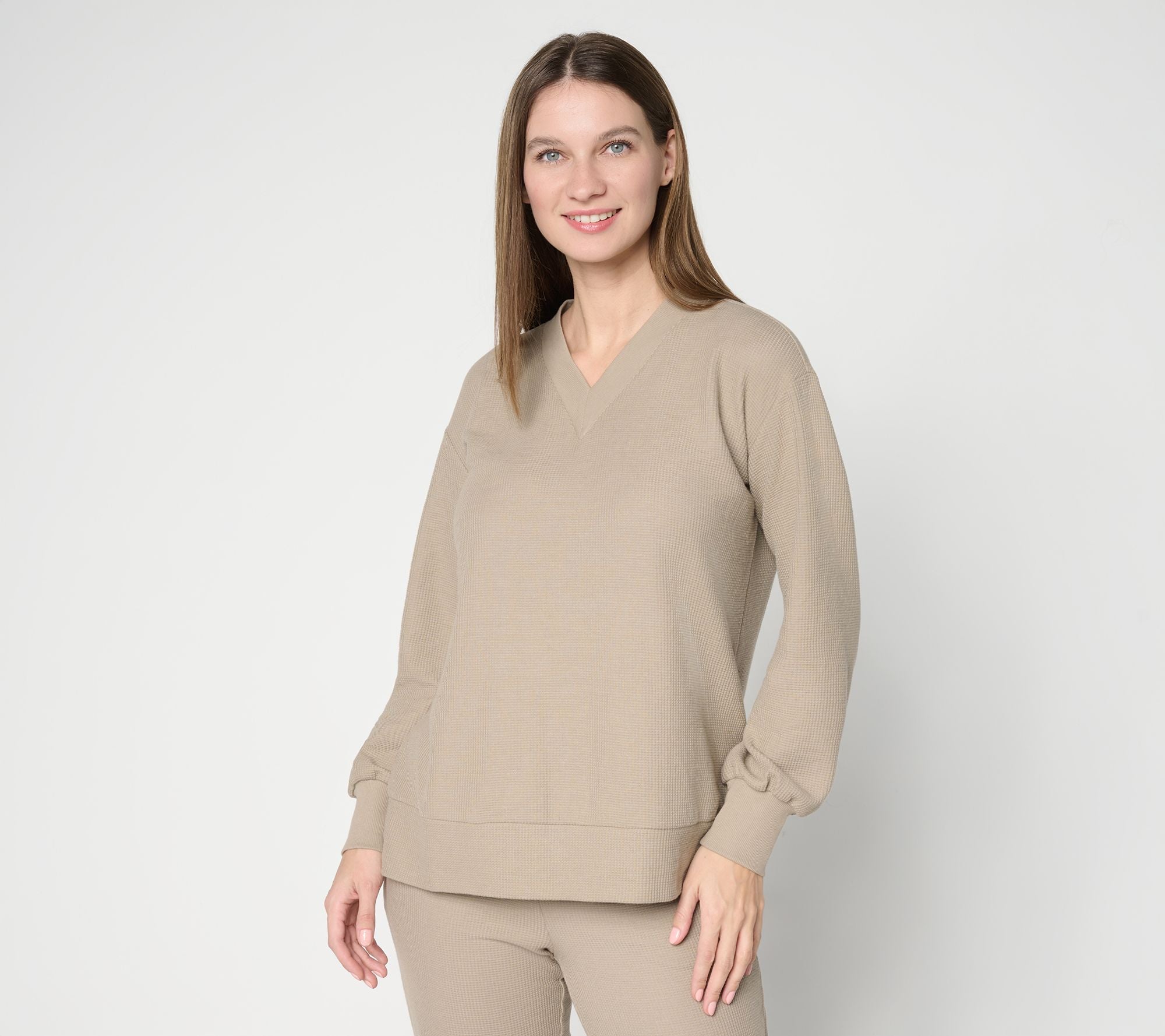 Wonder Waffle Deep V Neck Slouchy Top - Vintage Khaki