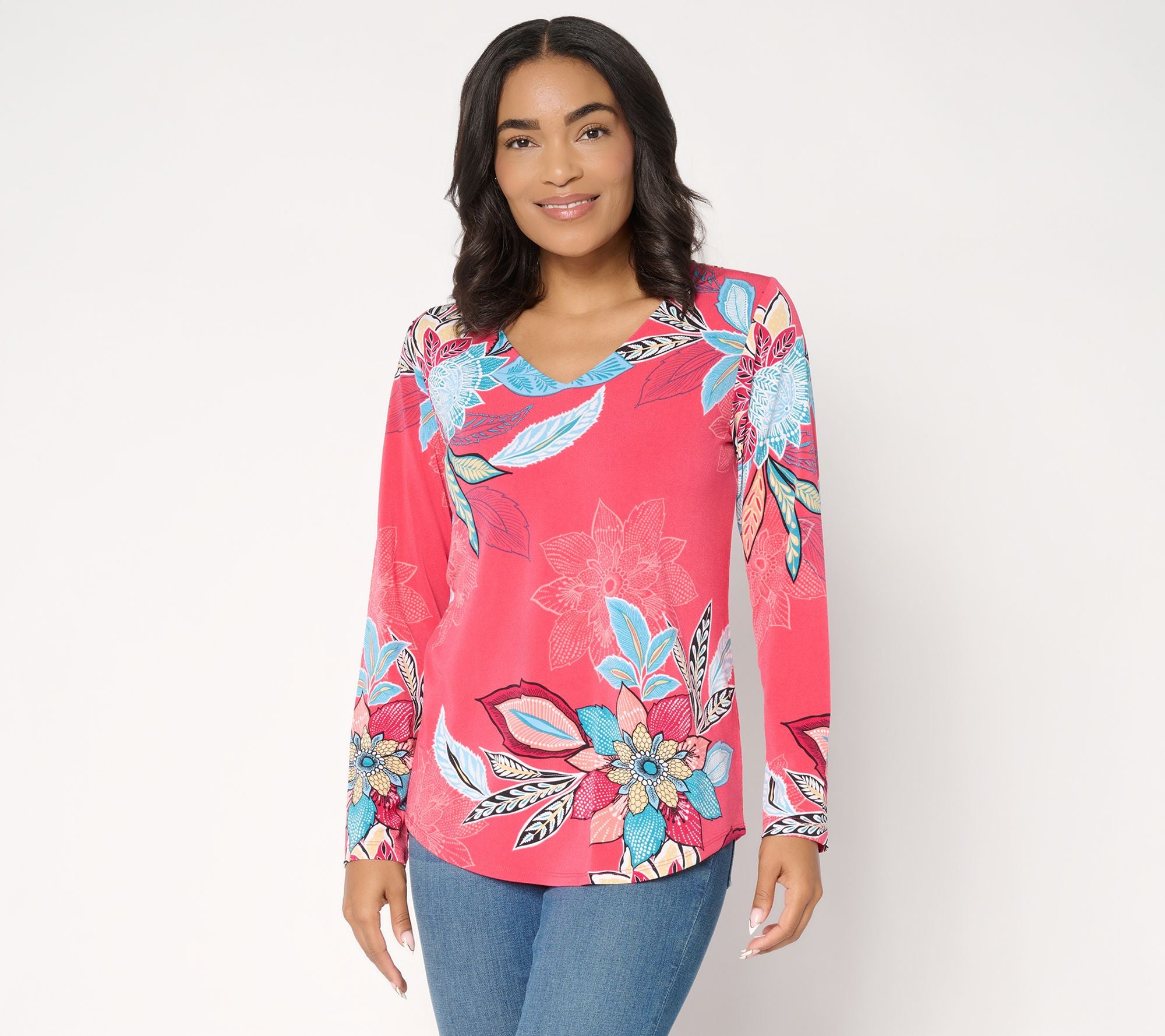 Printed Textured Liquid Knit Long Sleeve Top - Rose/Berry