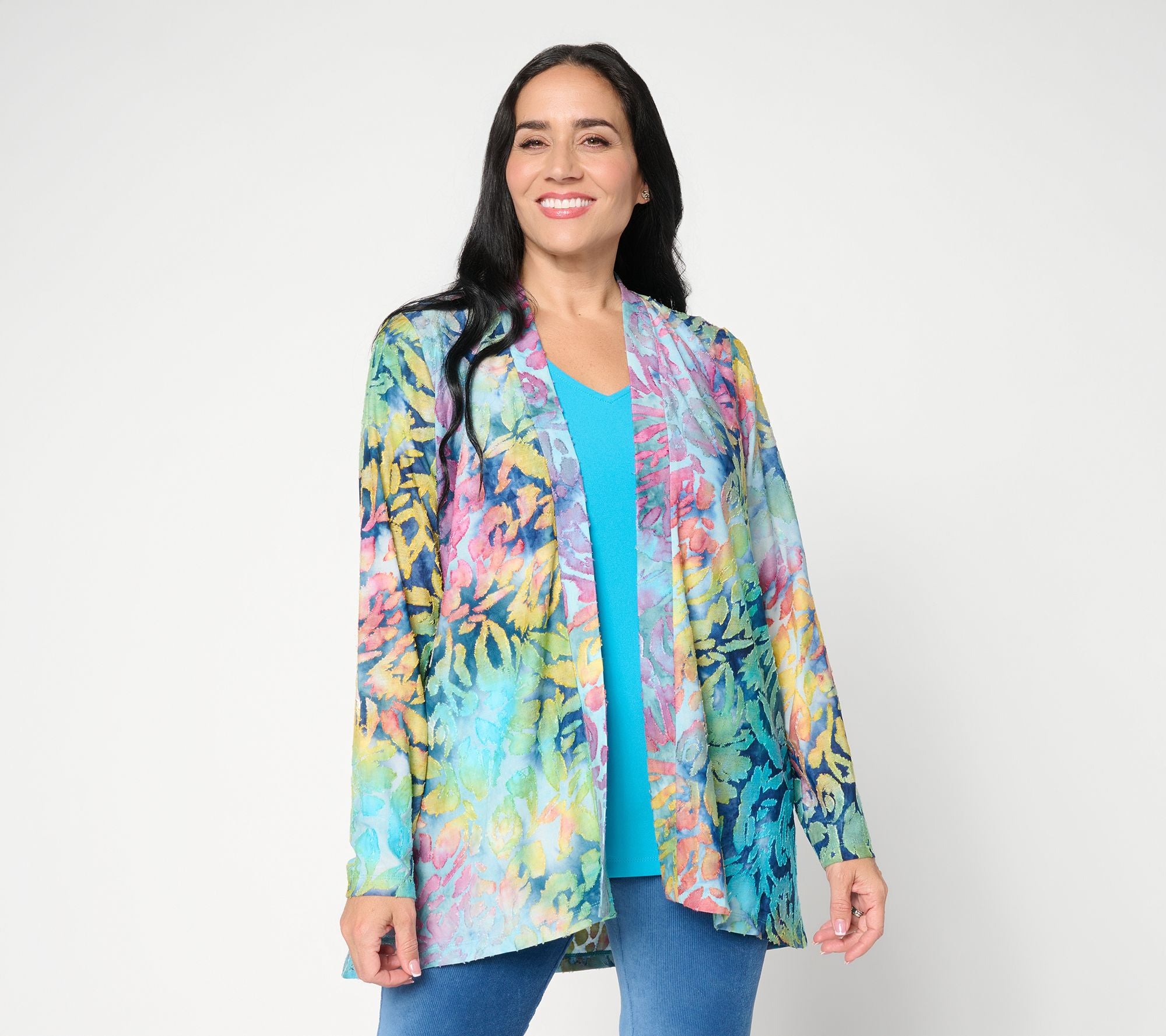 Novelty Knit Cardigan w/ Liquid Knit Tank Set - Aqua/Multi