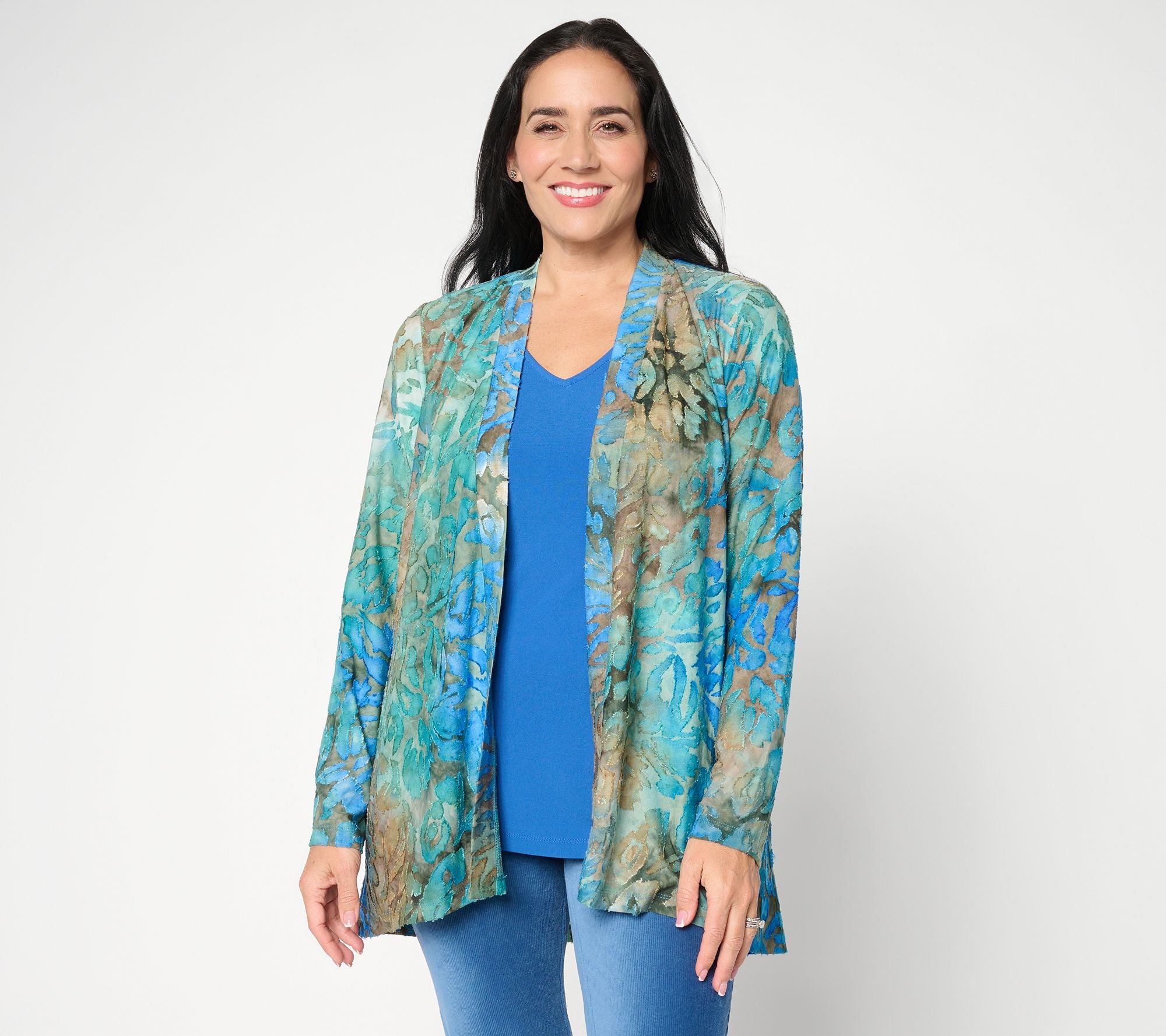 Novelty Knit Cardigan w/ Liquid Knit Tank Set - Ocean/Pine