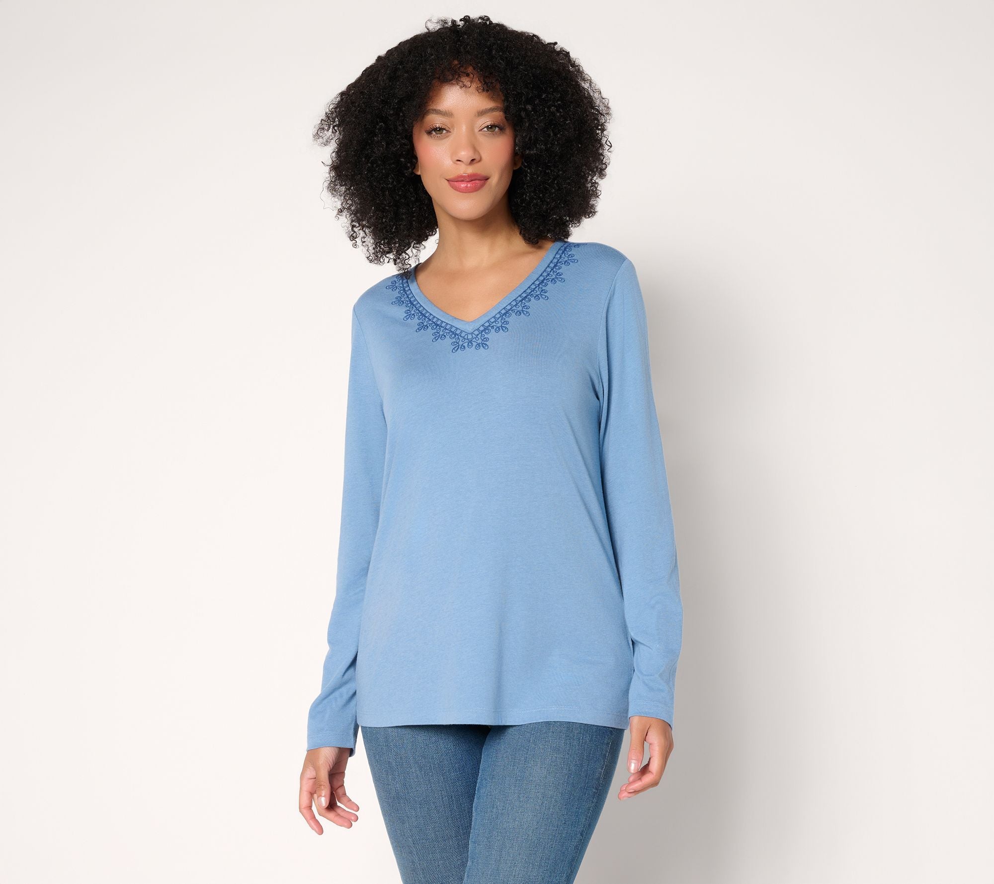 Long Sleeve Embroidered V-Neck Knit Top - Med Denim Blue