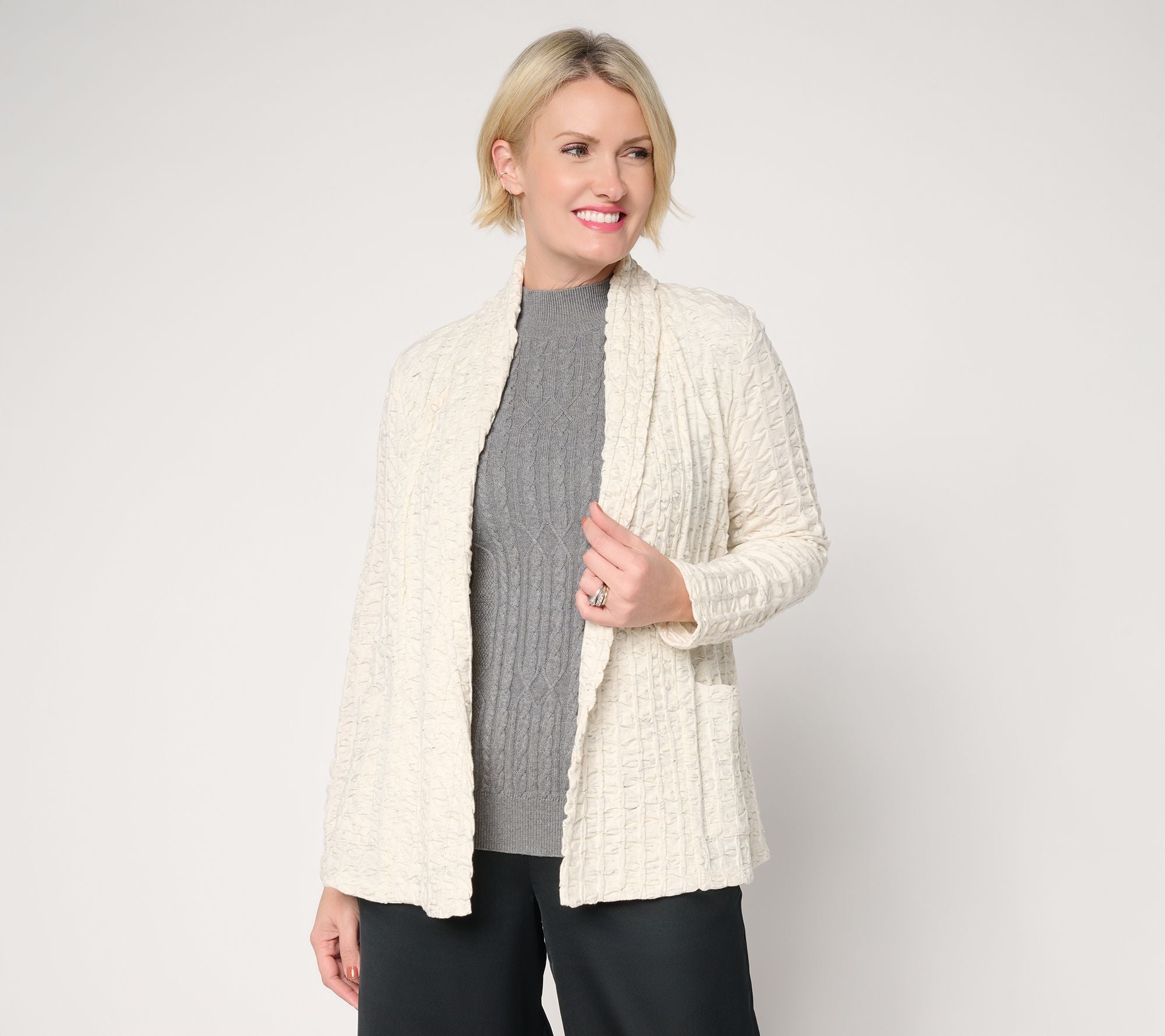 Textured Knit Open Front Cardigan - Ecru