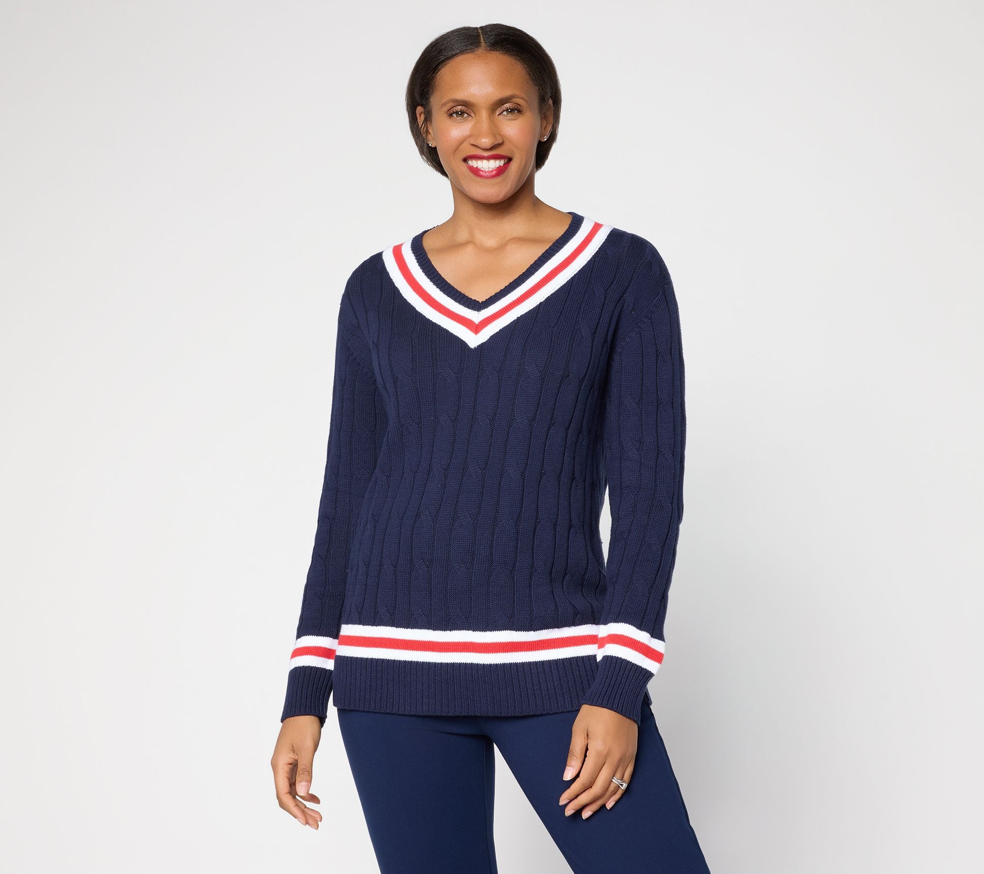 Joan Rivers Cable Knit V-Neck Sweater with Tipping - Navy
