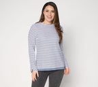Striped Textured Cotton & Chambray Twofer Top - Black
