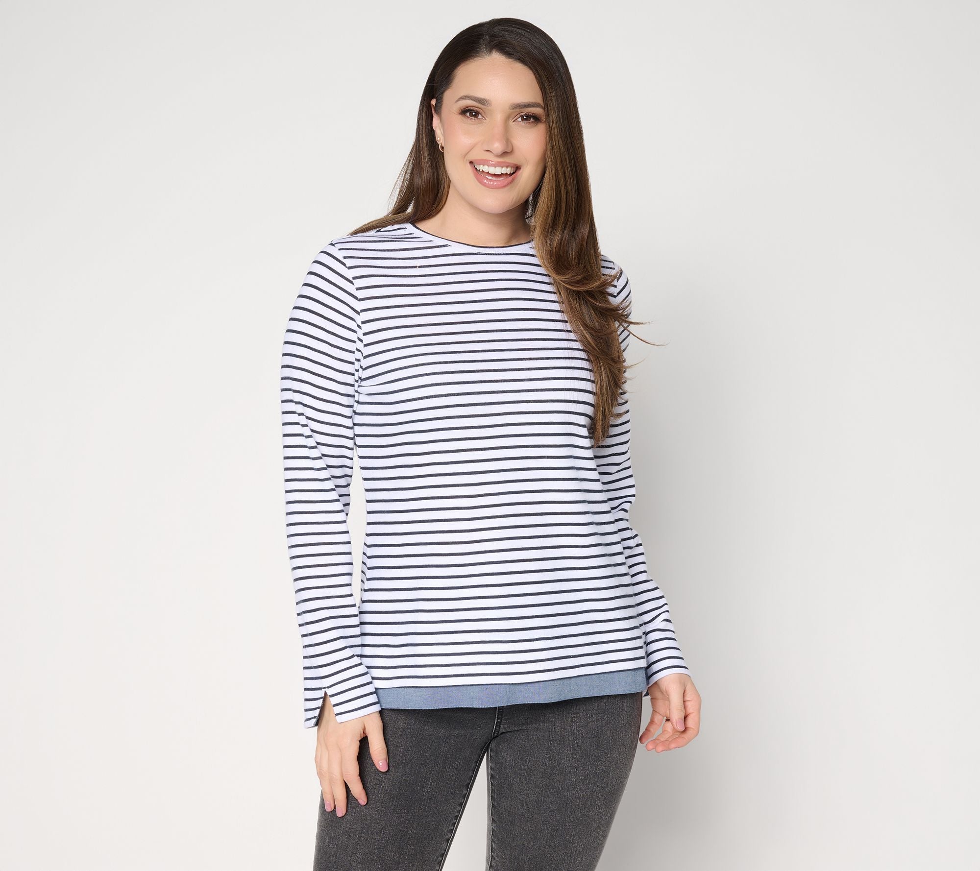 Striped Textured Cotton & Chambray Twofer Top - Black