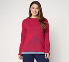 Striped Textured Cotton & Chambray Twofer Top - Cardinal