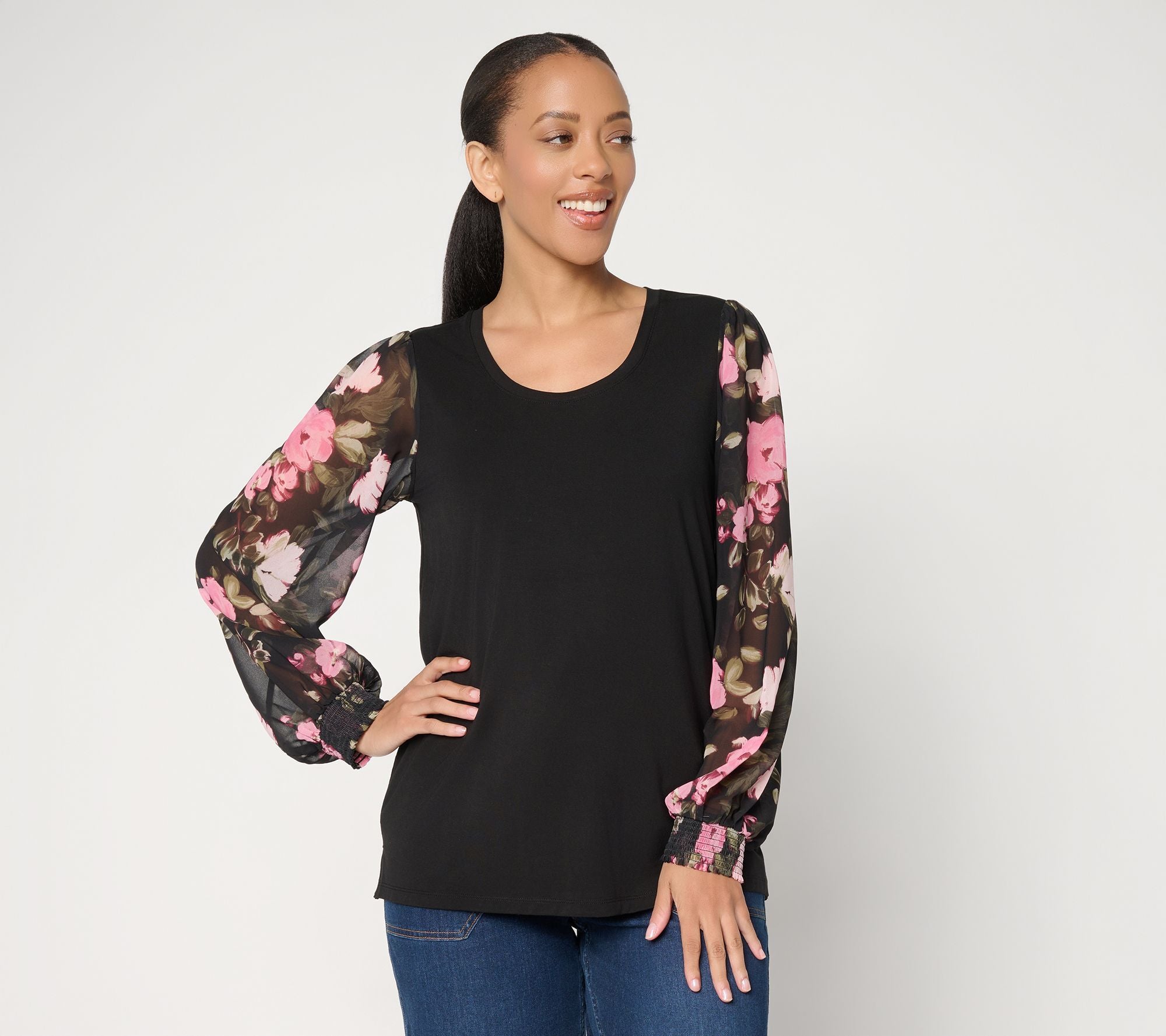 Mixed Media Printed Sleeve Round Neck Top - Jet Black
