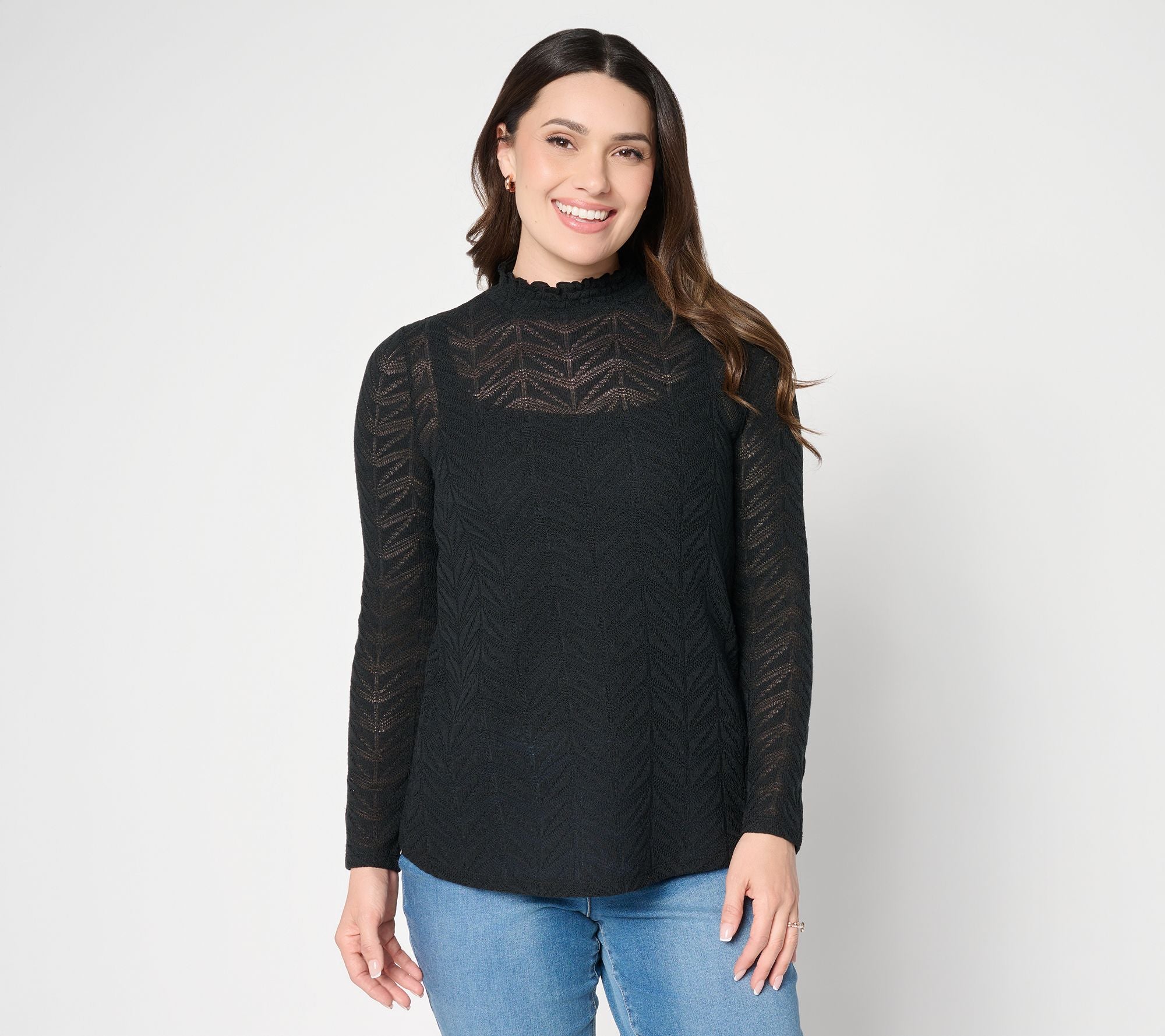 LOGO Layers by Lori Goldstein Textured Knit Long Sleeve Mock Neck Top - Black