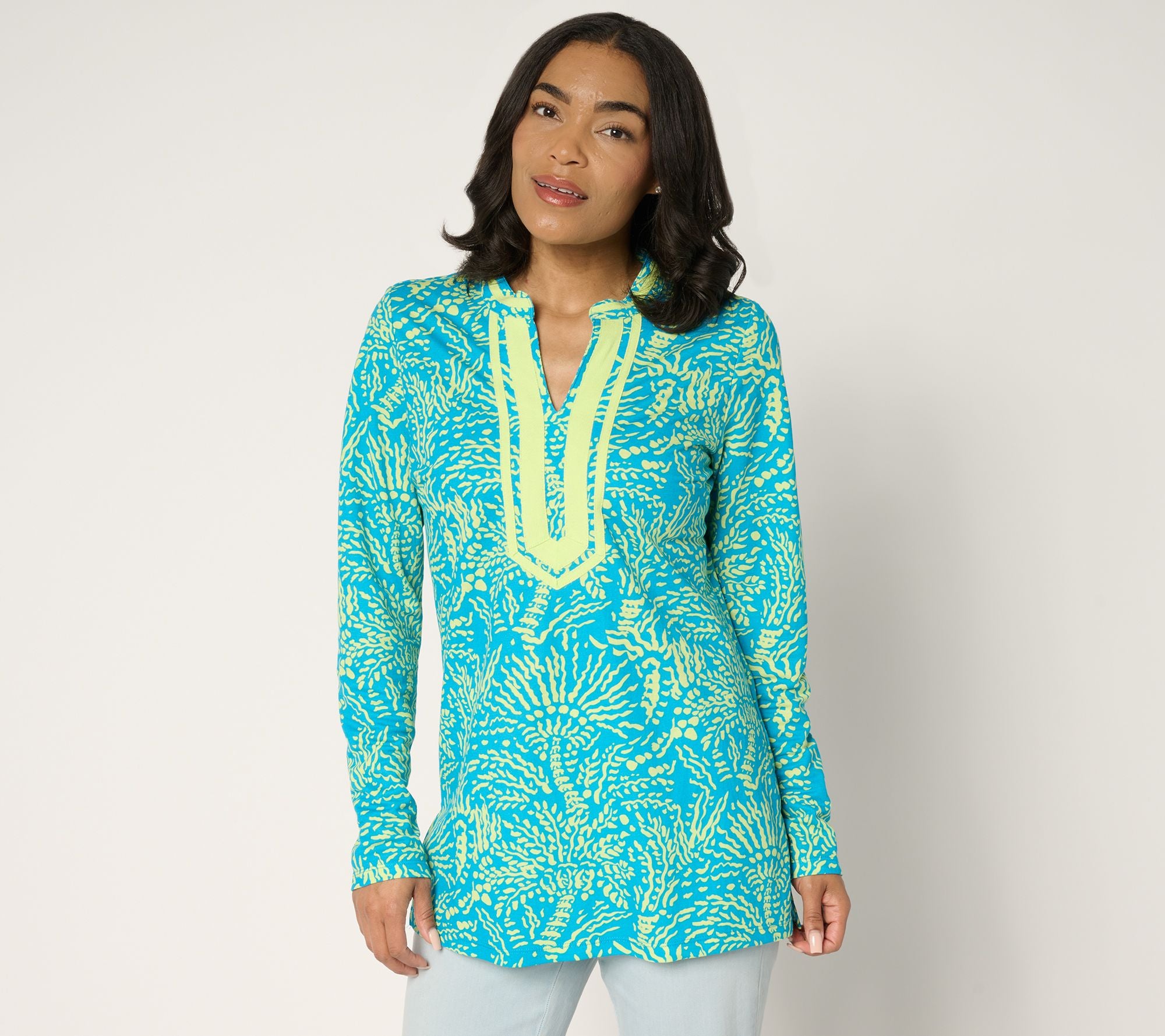 Bellisima by Kim Gravel Cabana Knit Palm Trim Tunic - Blue Hawaii