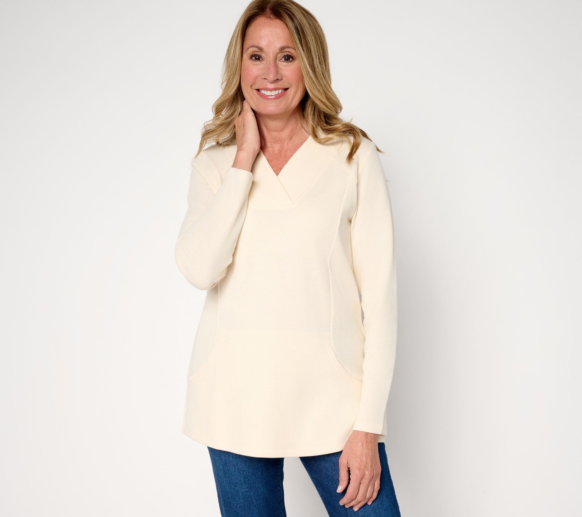 Waffle Knit Crossover V-Neck Tunic - Vanilla Cream