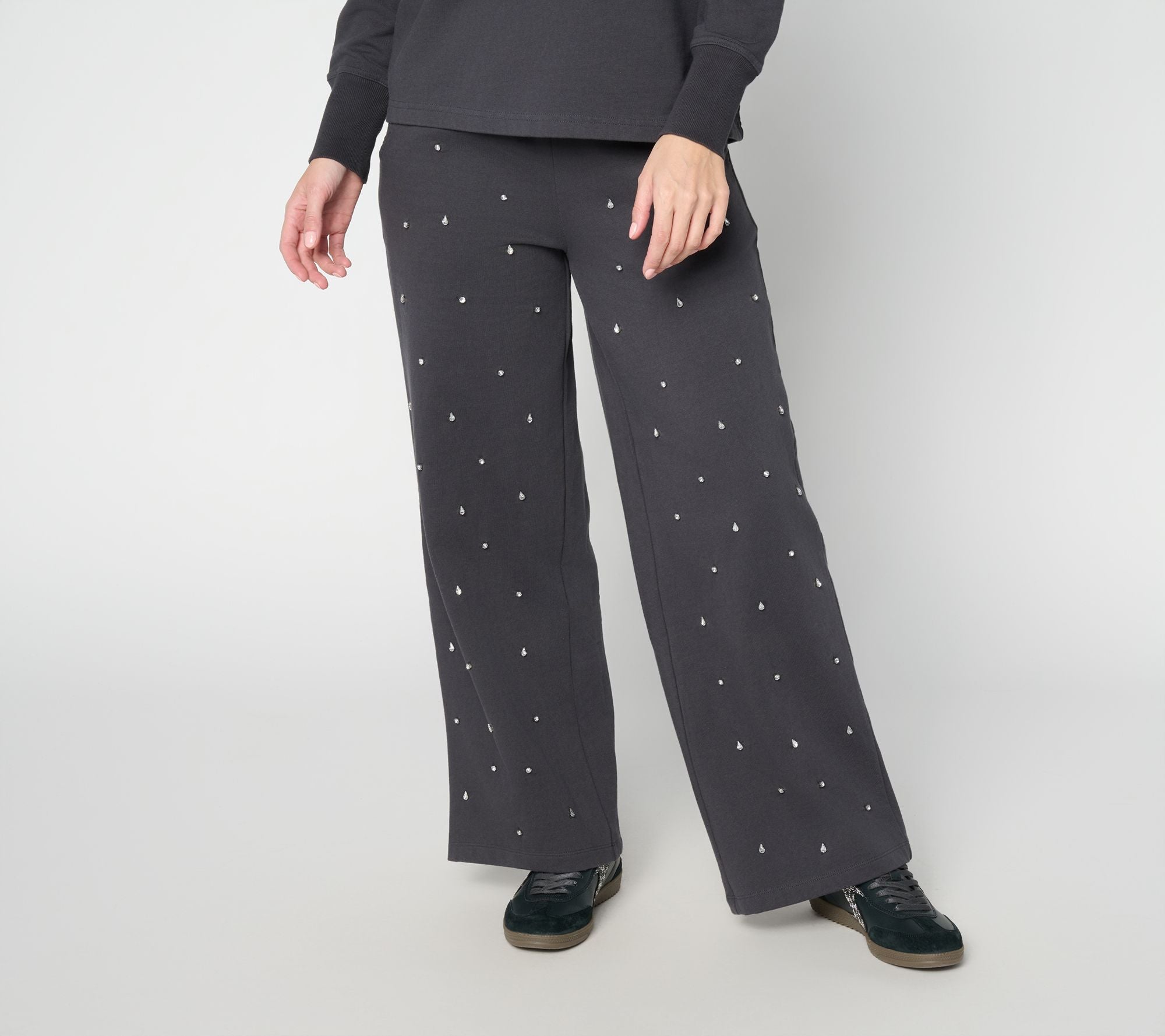 French Terry Jeweled Wide Leg Pants - Washed Black