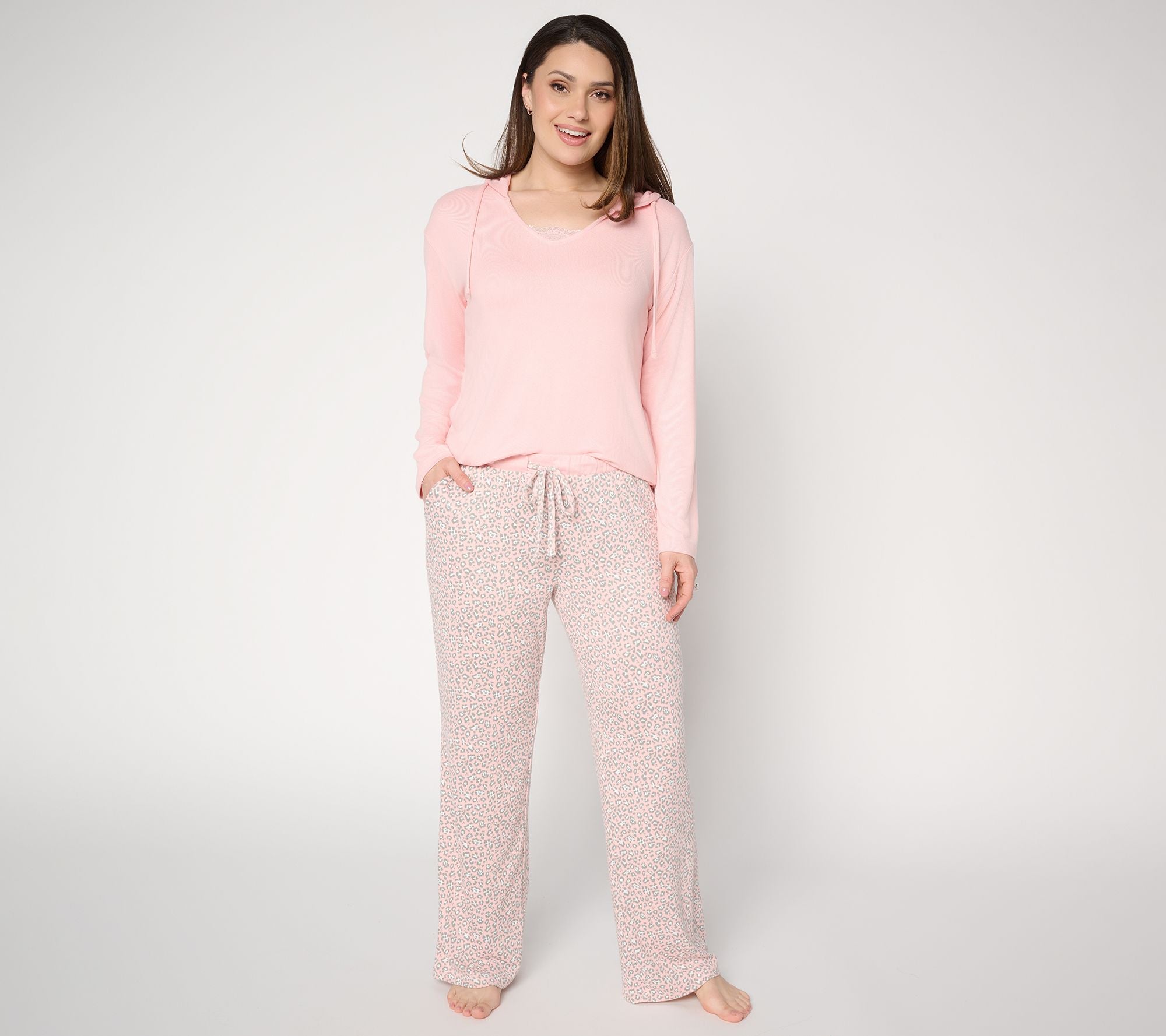 Long Sleeve Hooded Lace Neckline Pajama Set - Pink