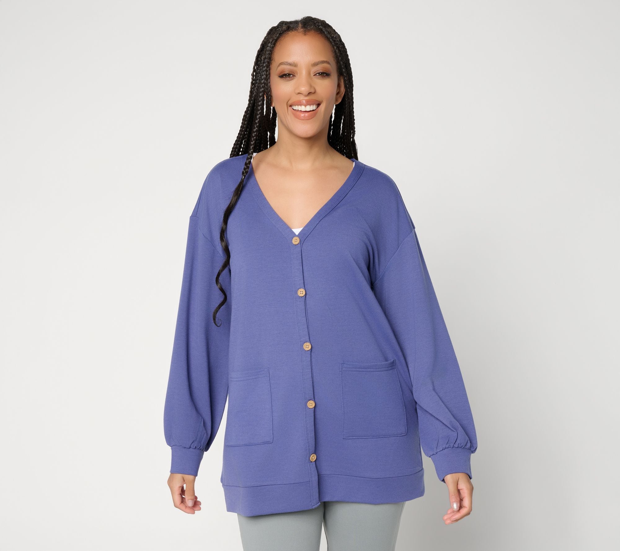French Terry Button Front Cardigan - Blue