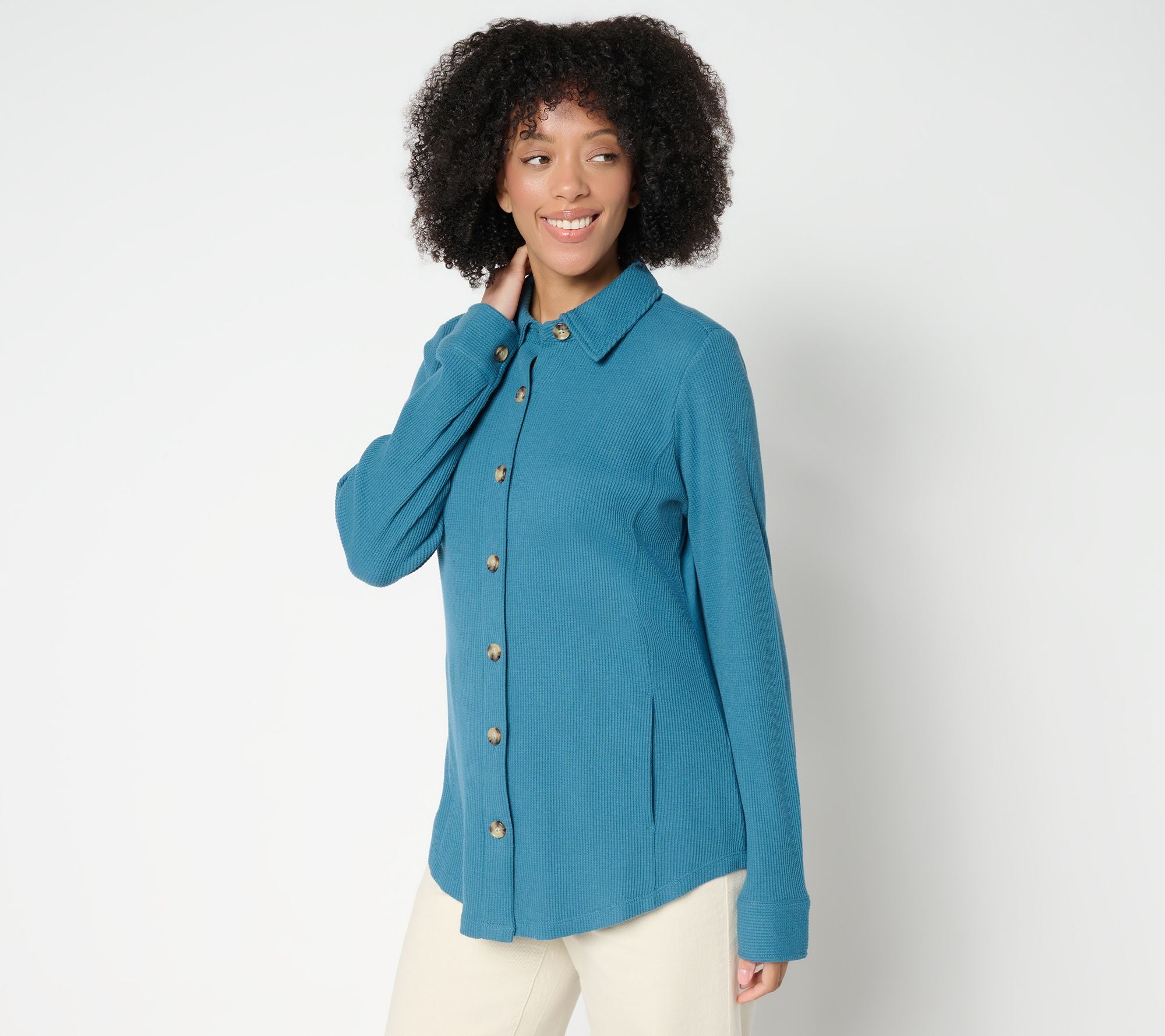 Belle by Kim Gravel Waffle Knit & Jersey Button Front Top - Deep Mineral